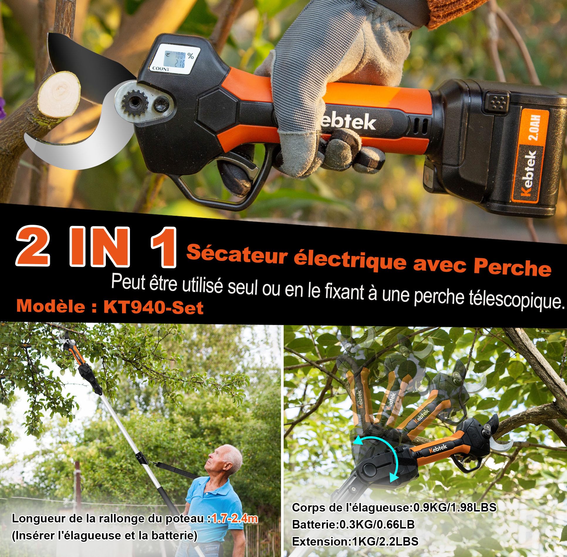 Kebtek Sécateur électrique avec Perche Télescopique Kit - Professionnel Sécateur à Batteries - Moteur Sans Balais 18 V - Diamètre de Coupe 40mm, 2 Pack Batteries