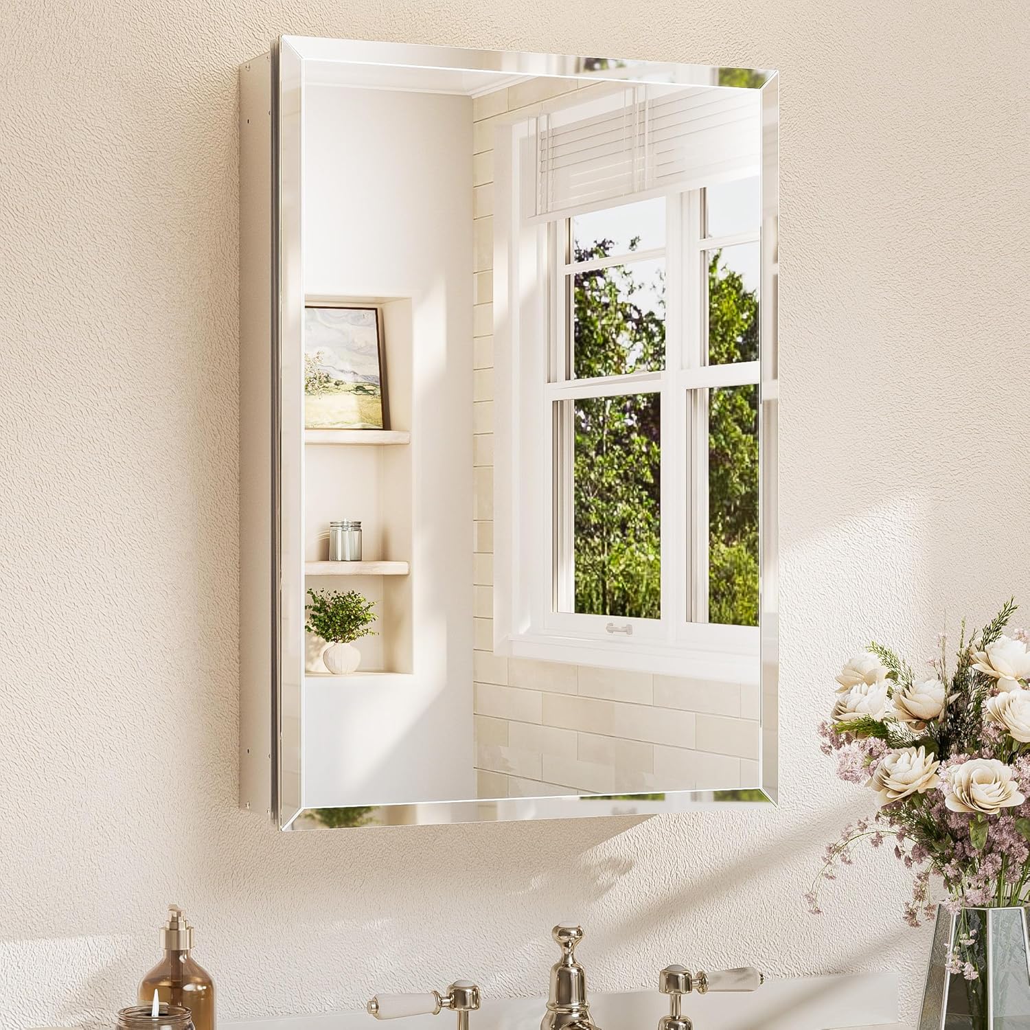 TETOTE 20 x 28 Medicine Cabinet with Mirror with Tempered Beveled Mirror Silver Medicine Cabinet Aluminum Cabinet DTC Hinges, Stepless Adjustable Shelves, Recessed/Surface-Mounted 28"L x 20"W Silver