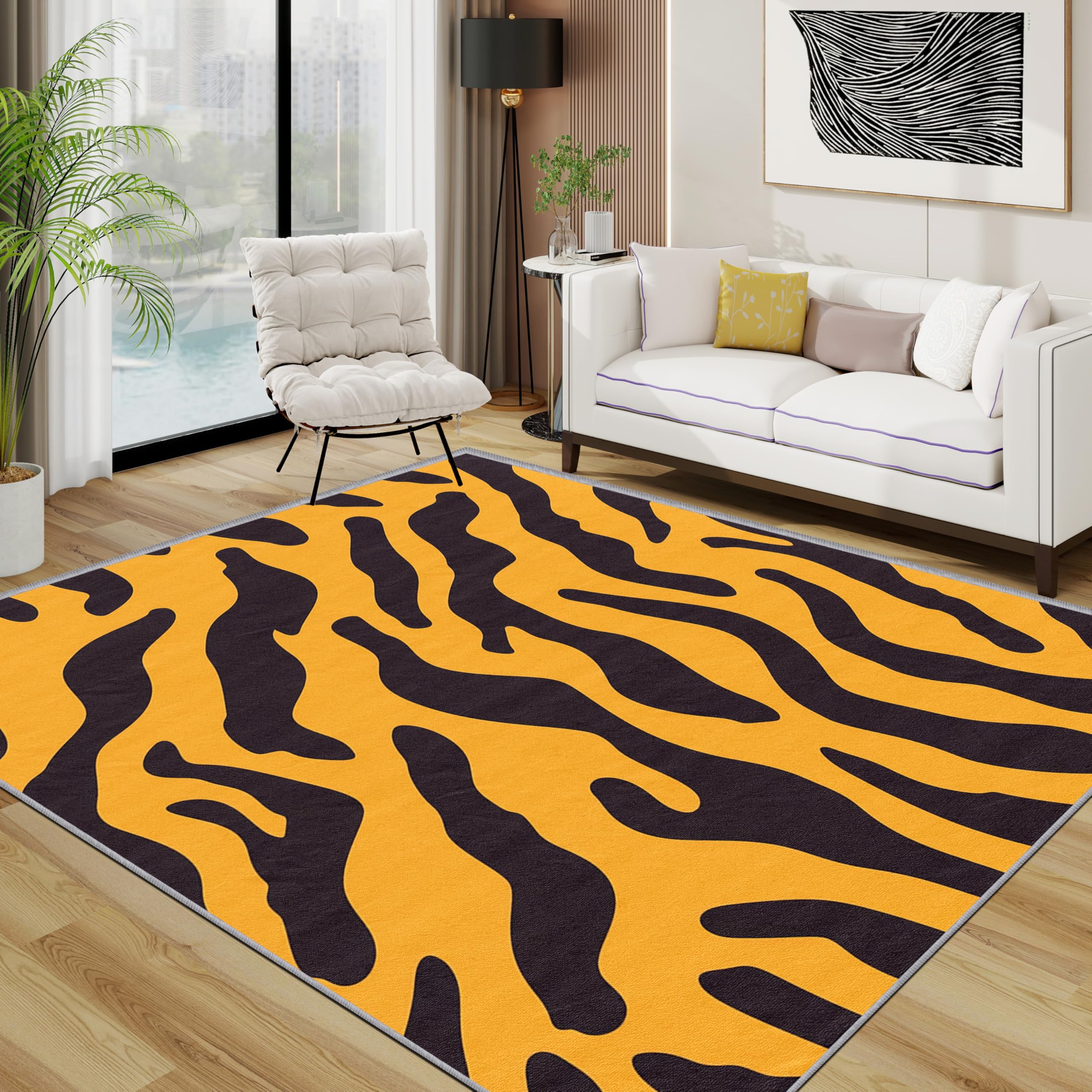 Animal Print Area Rugs for Living Room 120x120 - Black and Yellow Tiger Stripe Rug for Bedroom, Wildlife Non Slip Washable Short Pile Carpet, Animal Print Room Decor
