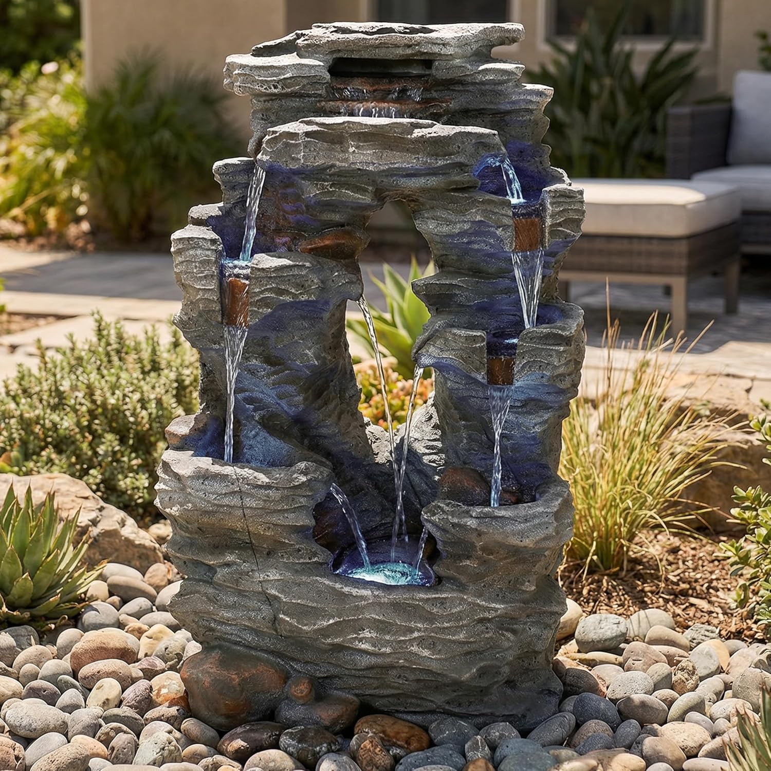 Sunnydaze Dual Cascading Rock Falls 39-Inch Outdoor Water Fountain with LED Lights - Electric Submersible Pump