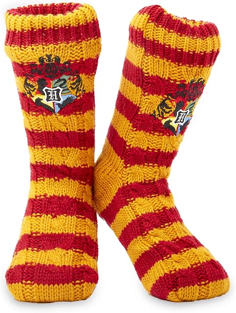 Harry Potter Fluffy Slipper Socks - Gryffindor Deluxe Knitted Winter Warm Fleece Lined Chunky Slipper Bed Socks Ladies Non Slip for Boys, Girls, Men, Women Size 5 to 8 - Great Stocking Fillers