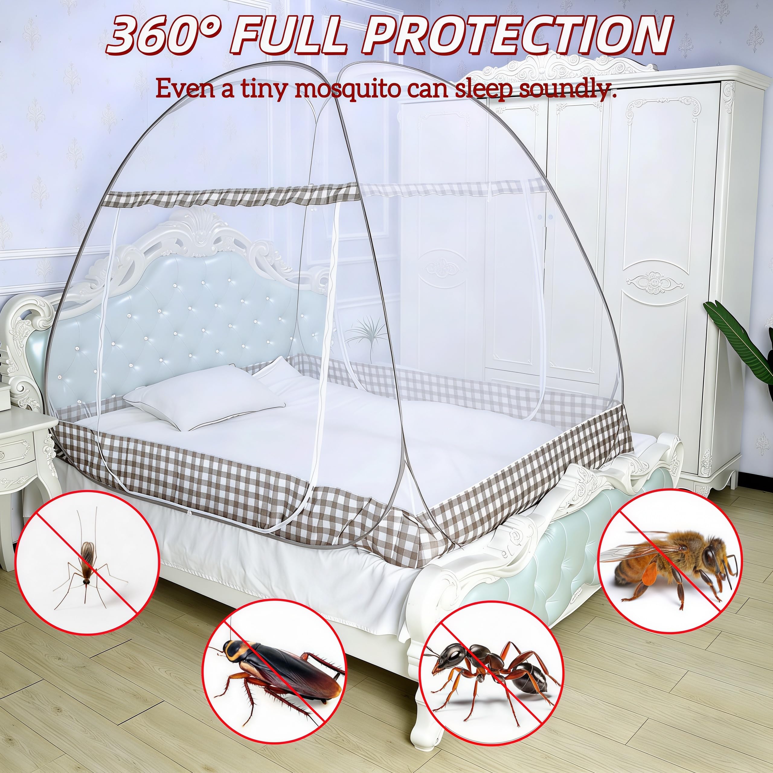 Digead Pop-up Zanzariera a Cupola per Letto Matrimoniale, 120x200 cm con Doppia Porta, Leggera e Traspirante in Poliestere Misto, Pieghevole e Portatile per Casa Viaggio Campeggio - Bordo Marrone