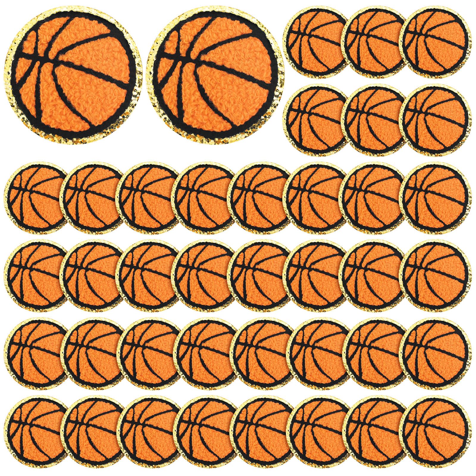 Paquete de 40 parches termoadhesivos de felpilla con bordes dorados, para fútbol, voleibol, baloncesto, béisbol, sóftbol, sombrero, pantalones, ropa (baloncesto)