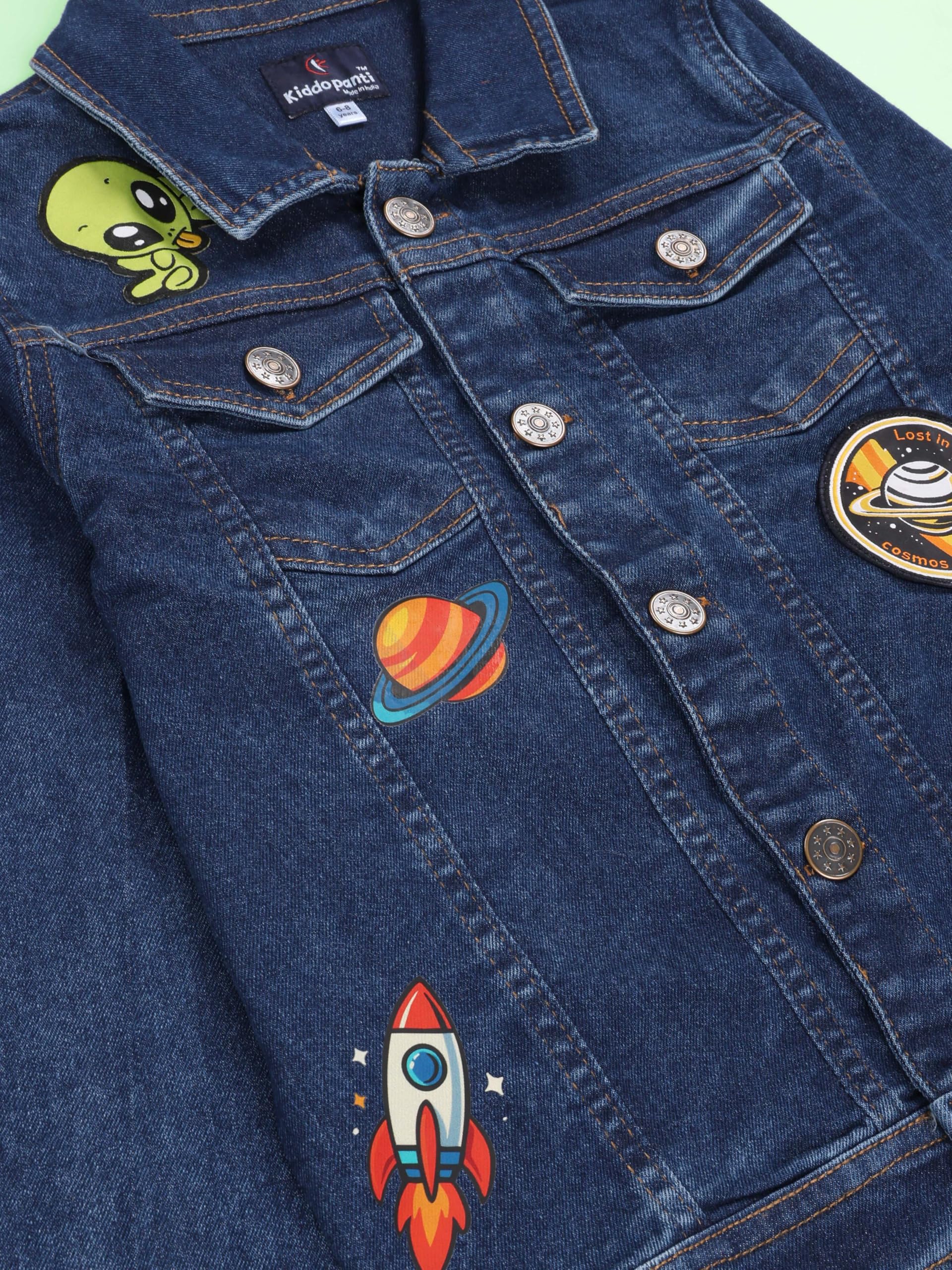 KiddoPanti Boys Full Sleeve Denim Jacket With Space Themed Badges, Dk Wash Blue With Alien - 12-14Y - Image 7 thumbnail