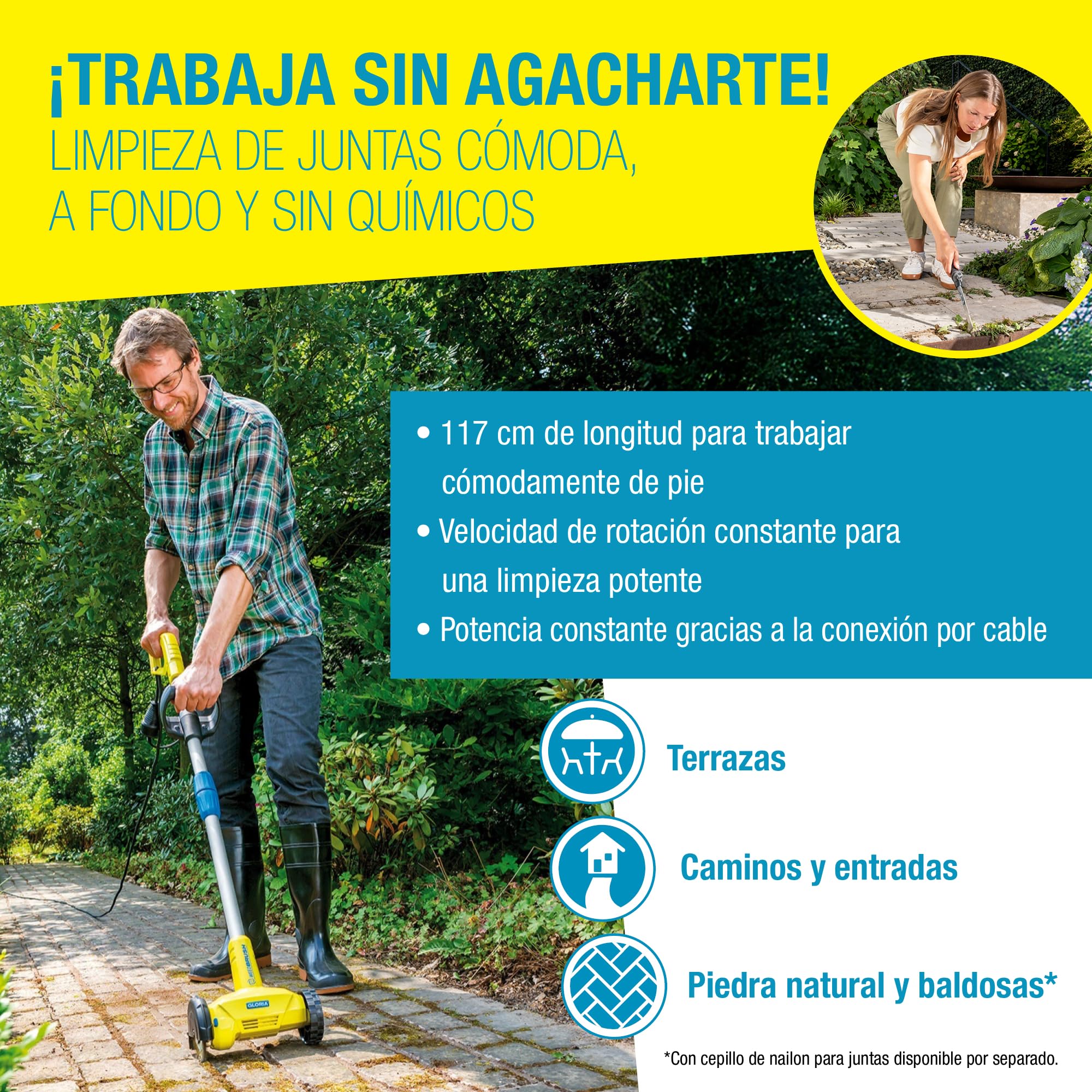 GLORIA Rascador de Juntas Eléctrico WeedBrush | Cepillo para Malezas 230V | A cavo 230V | Limpieza de juntas de terrazas y adoquines | Mango ergonómico ajustable | Incluye cepillo de alambre de acero