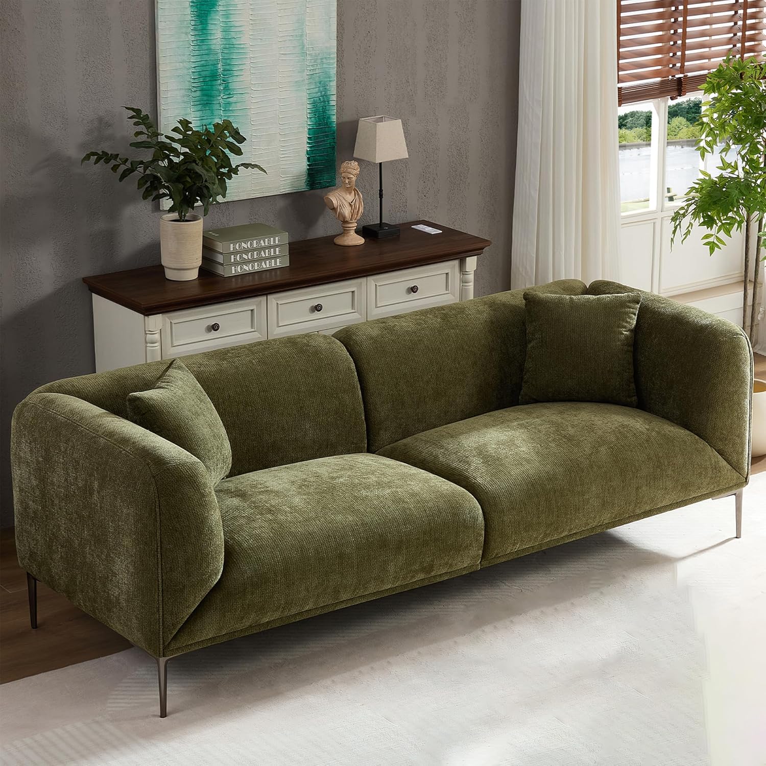 82.7" Modern Sofa Couch, Sectional Sofa with Metal Legs, Boucle Fabric, 3 Seater Cloud Couch with 2 Pillows, Upholstered Loveseat Couch for Living Room, Apartment, Office.(Green)