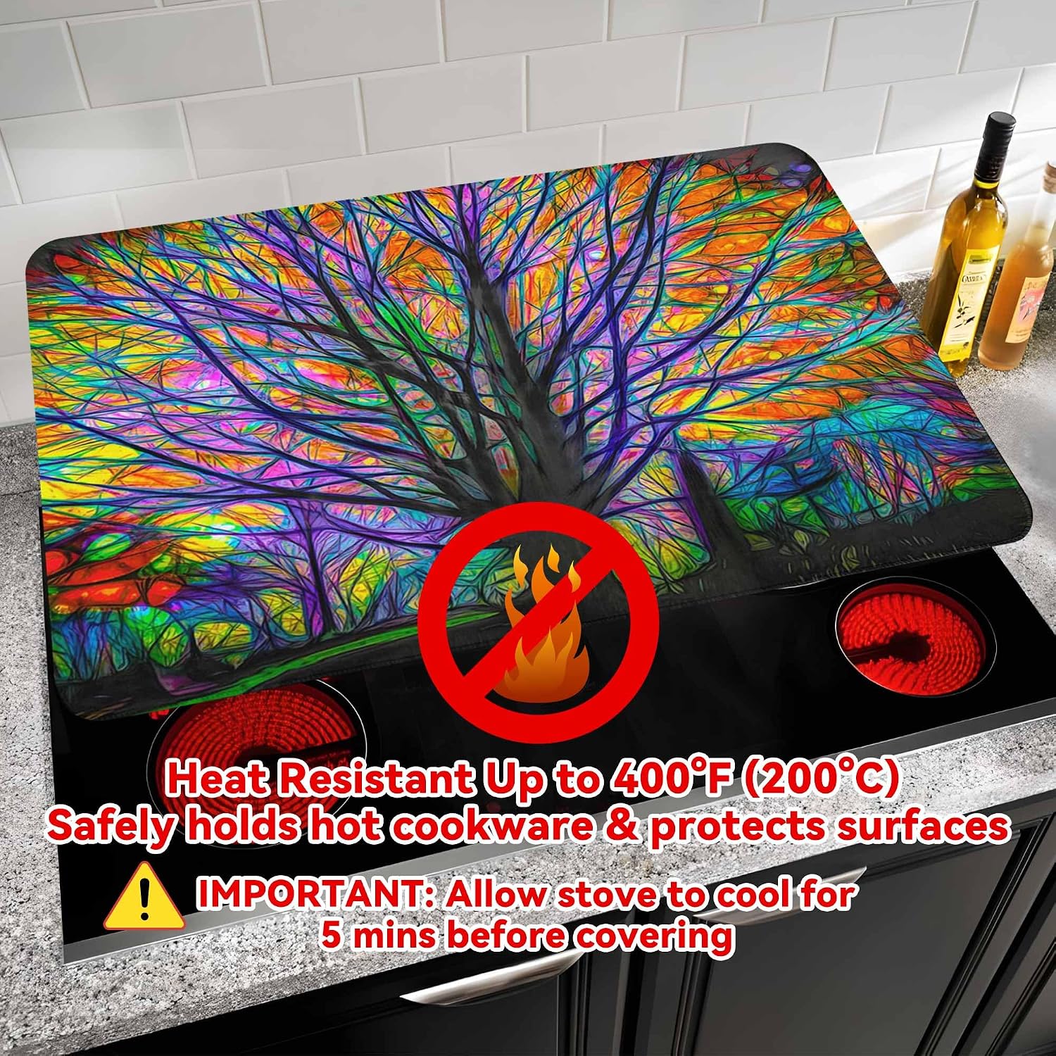 Decorative Stove Top Covers for Electric Stove 28"x20" – Heat Resistant Glass Cooktop Protector Dish Drying Mat – Non-Slip Rubber Backing Washer Top Cover Waterproof Extra Counter Space (Tree 1)