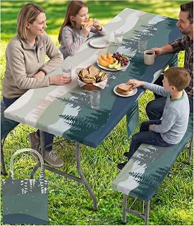 Picnic Table Cover with Bench Covers Waterproof Elastic Rectangle Tablecloth Camping Essentials Supplies Rv Car Travel Must Haves Gear Accessories Fitted Table Cloth Outdoor Road Trip Camper Gifts 8ft