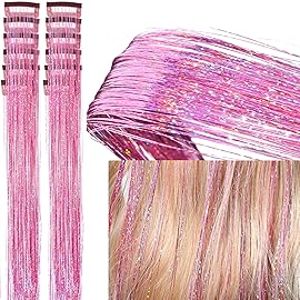 Clip in Hair Tinsel 12 Pcs Hair Tinsel Kit for Girls 22 Inch Glitter Colorful Heat Resistant Party Festival Hair Accessories for Women Kids(Pink)