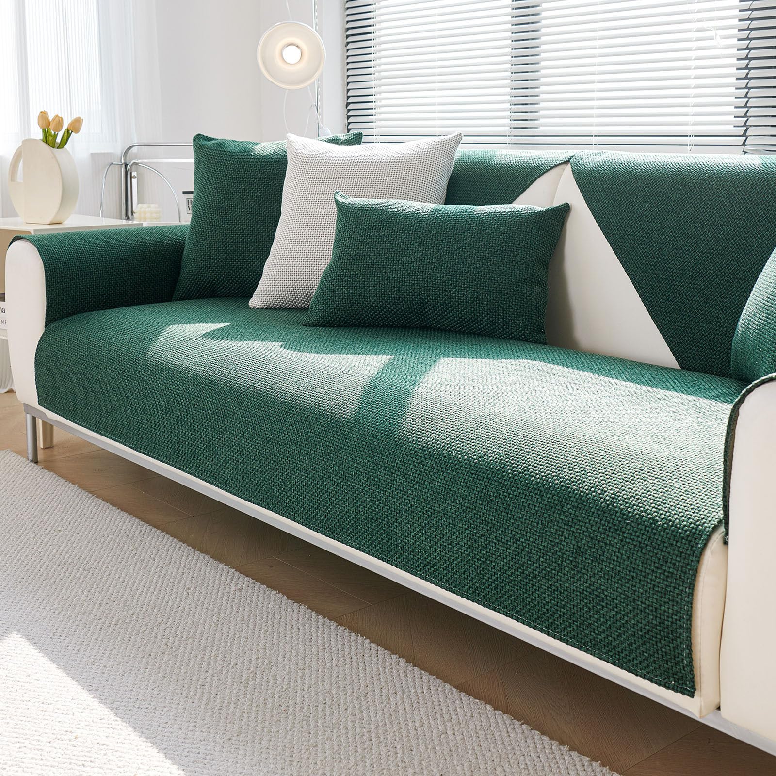 Treer Linen Fabric Anti Slip Sofa Cover, Simple Style Sofa Seat Cover Universal Soft Thick Sofa Cushion Protector 1 2 3 4 Seater Couch Covers L Shape/Corner Sofa Protector (70x90cm,Dark Green)