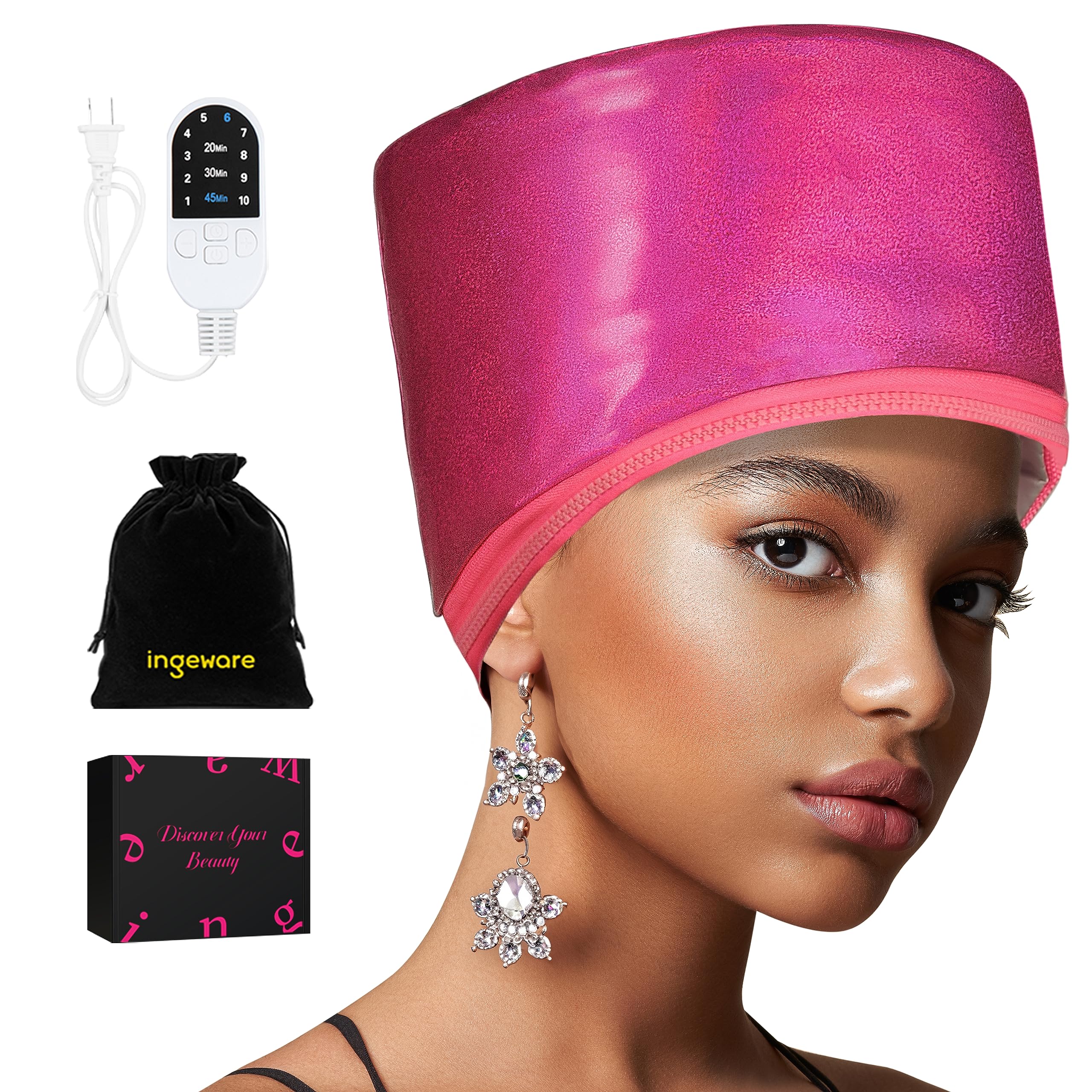 Hair Steamer for Natural Hair Home use, ingeware Heat Cap for Deep Conditioning Thermal Cap for Hair Steamer Cap for Natural Hair Portable Electric Heat Hair (Rose Red Leather)