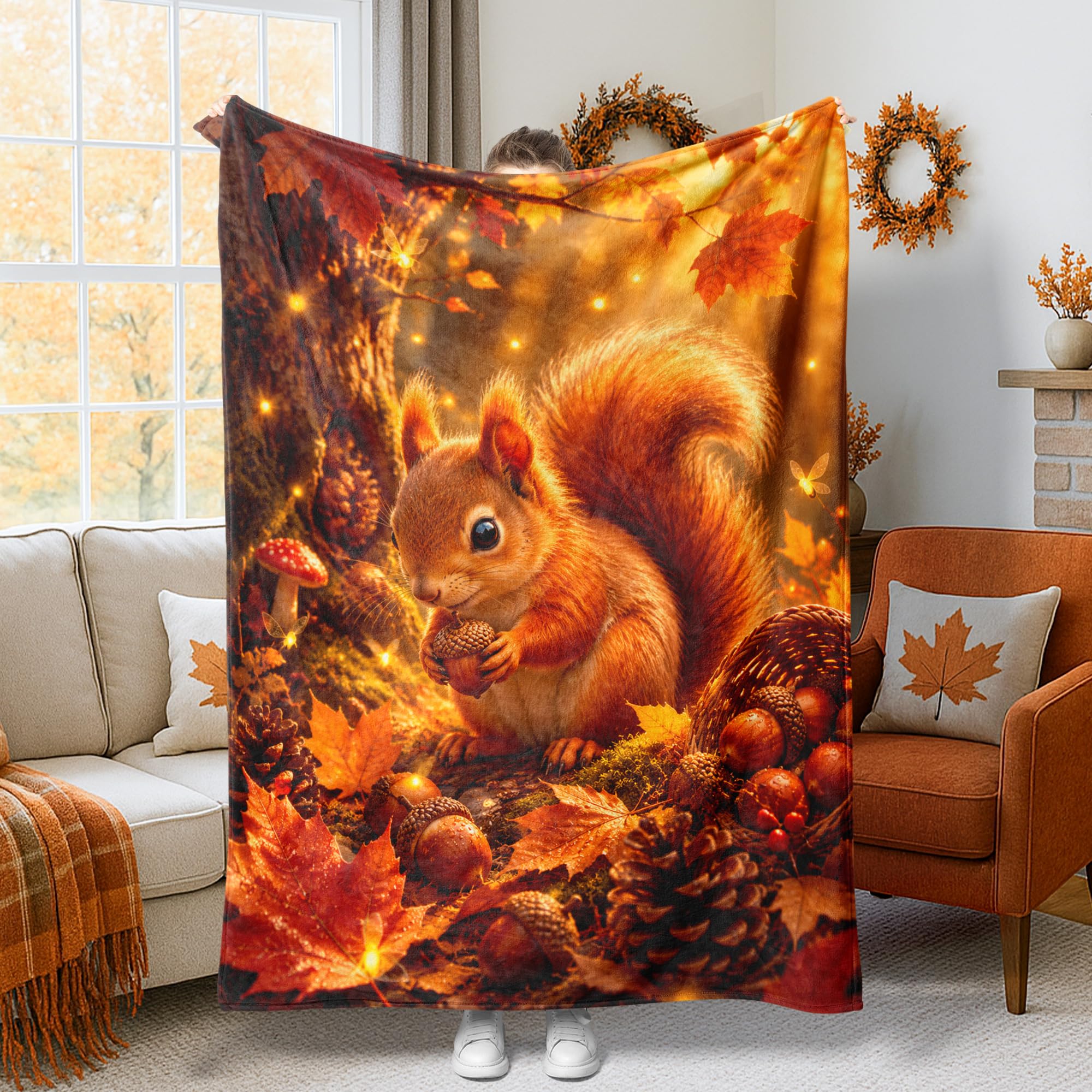 Couverture en polaire motif écureuil le cadeau réconfortant pour lit et chaise longue