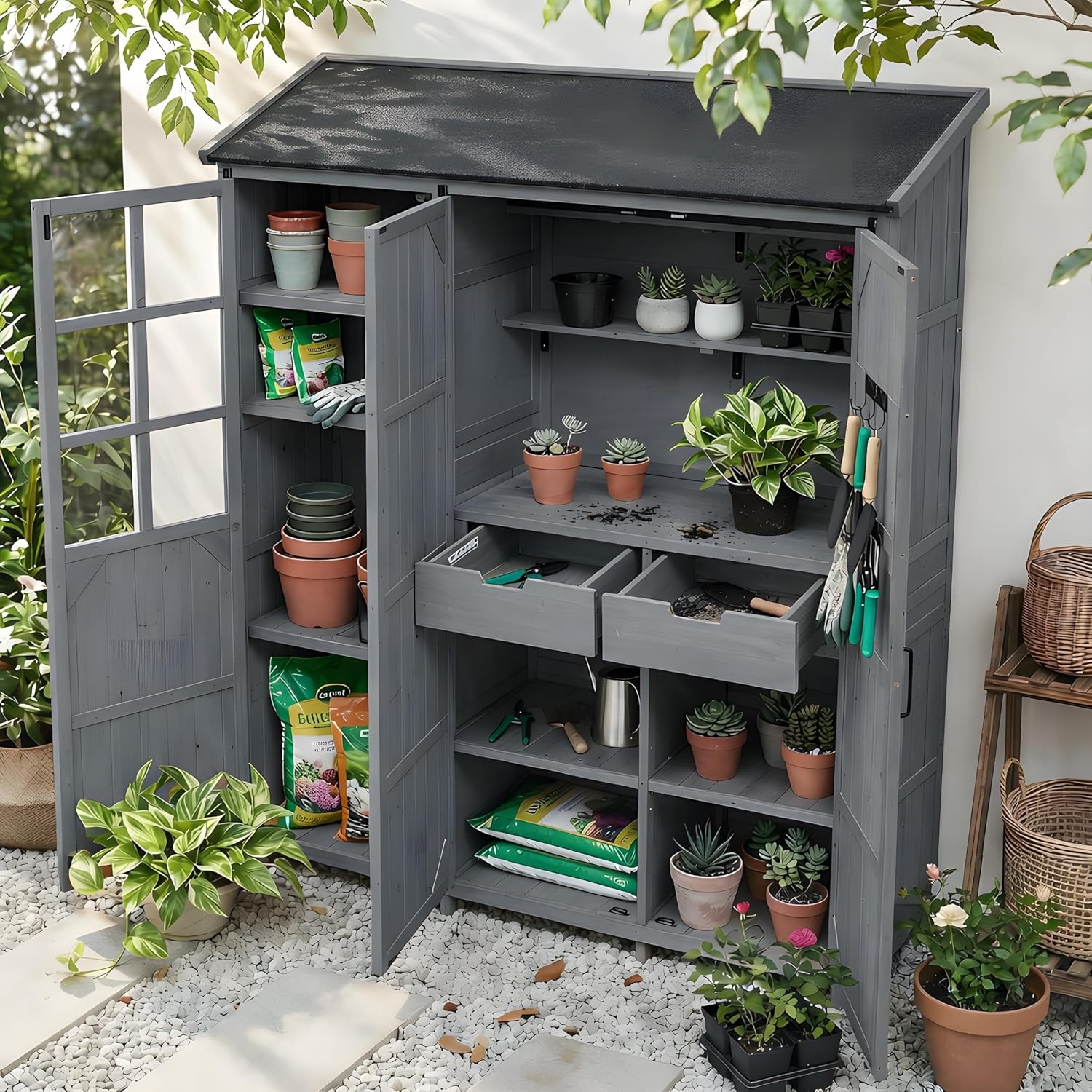 Wood Large Garden Storage Shed with Waterproof Roof, 60.6x19.3x71.6 Inch, Heavy Duty Wooden Outdoor Cabinet with 7 Shelves, 2 Drawers, and Workstation for Backyard Tools (Gray)