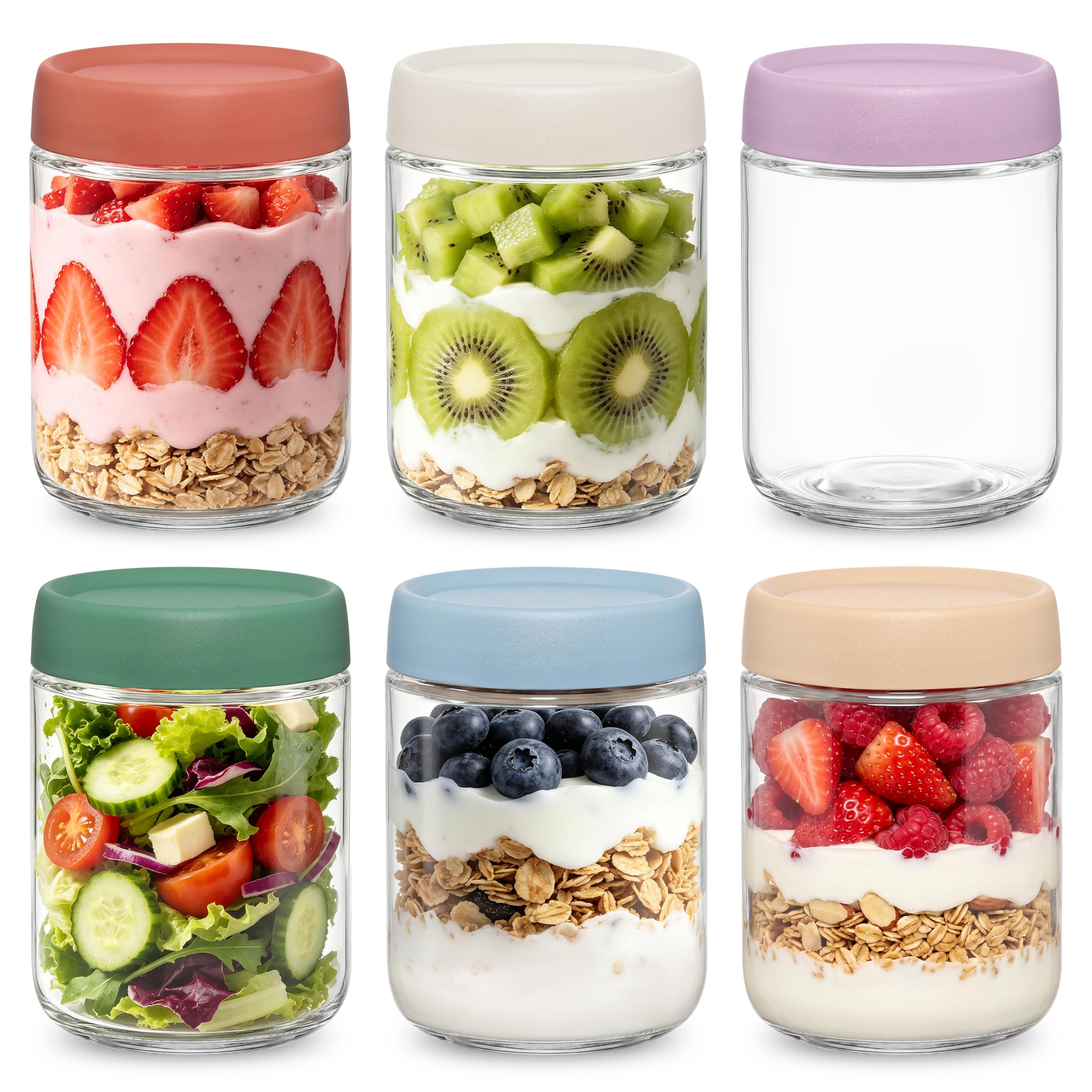 LIMILI Overnight Oats Jar, 6 Pcs 500ML Glass Overnight Oats Jar with lids, Wide Mouth Glass Jars for Overnight Oats Cereal Yogurt Pudding, Breakfast Jars Overnight Oats, Salad Jars for Meal Prep