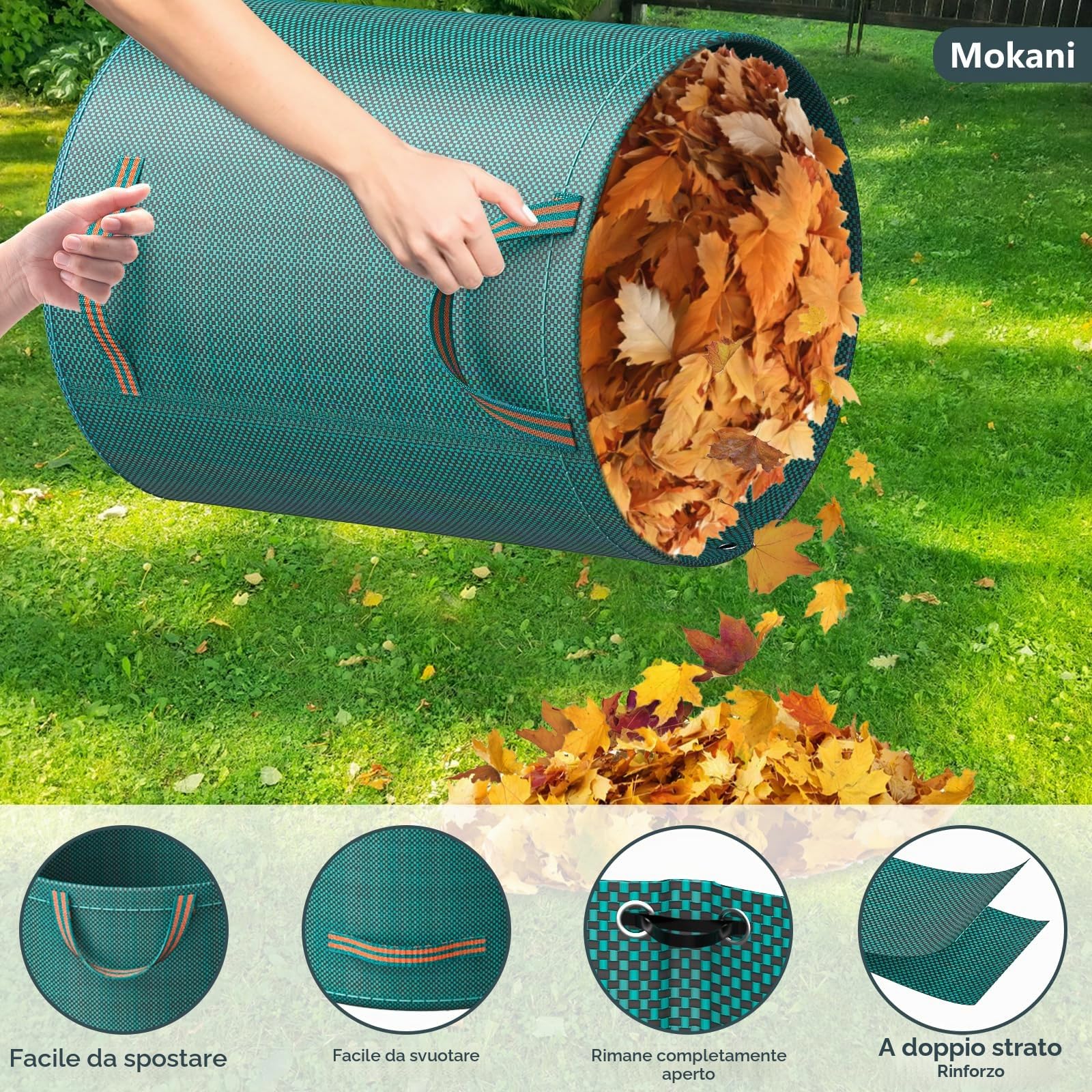 Mokani Sacchetti per rifiuti da giardino, resistenti, con manici, 300 l x 3 sacchi riutilizzabili da giardino, pieghevoli, sacchetti per riciclaggio da campeggio, per foglie, rifiuti, detriti e