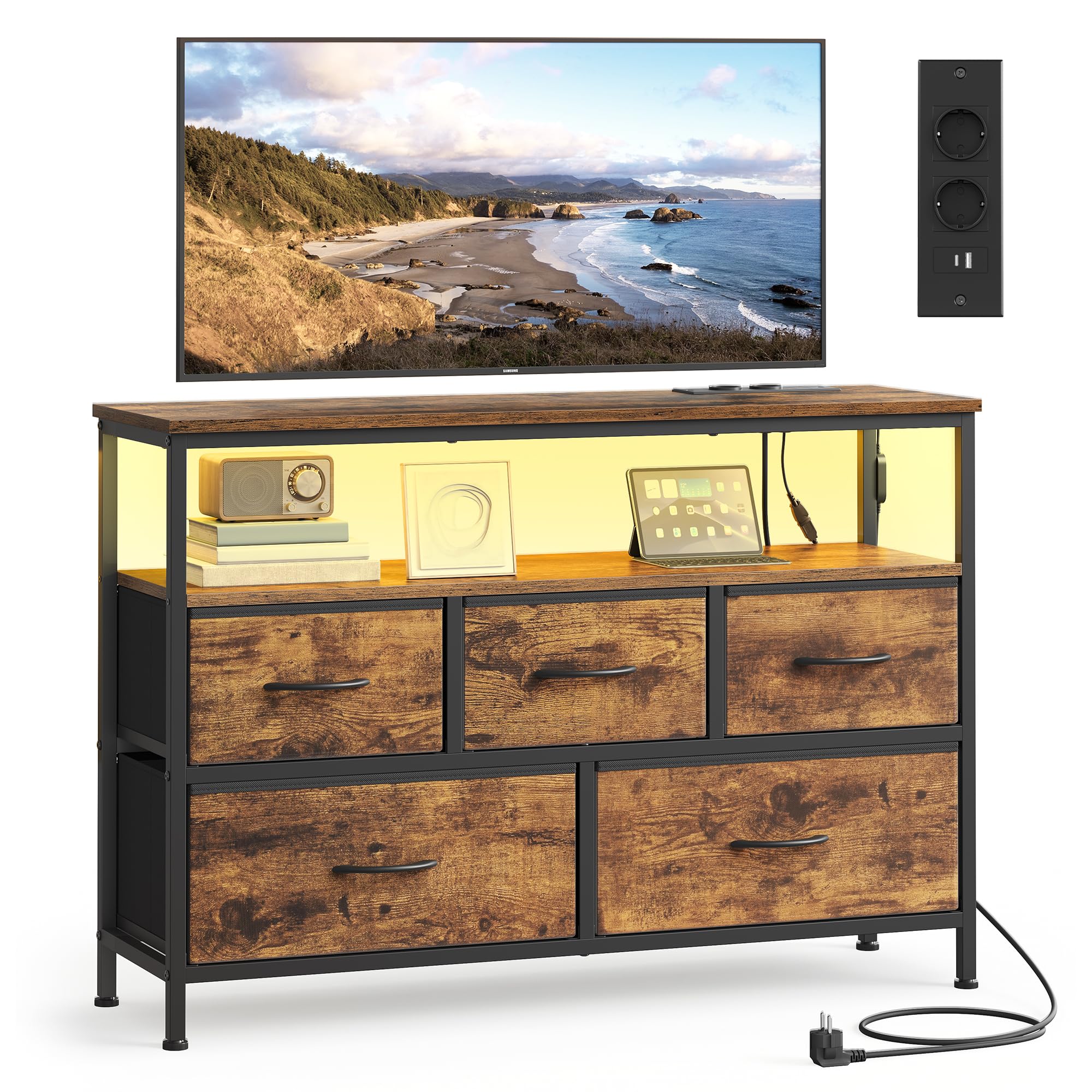 SONGMICS BELLAH Collezione - Cassettiera con LED Regolabile Controllato da APP, Mobile con Prese, 1 Ripiano, 5 Cassetti, Industriale, Marrone Vintage e Nero Inchiostro LGS723KD01