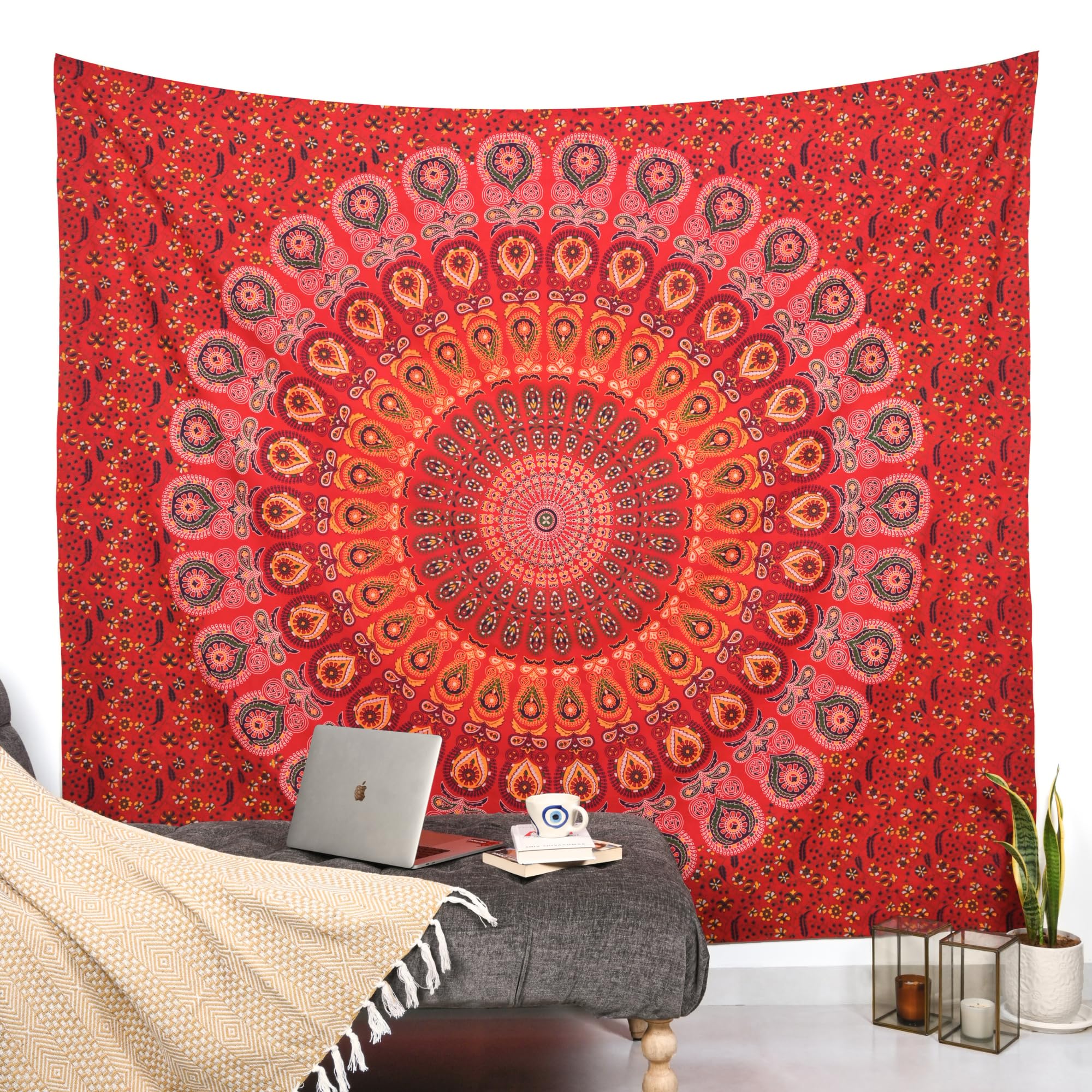 Hippie-Wandbehang, Wandteppich, goldenes Rot, King-Size-Größe, 228,6 x 213,4 cm, Boho-Elefant-Mandala, Wohnheim-Dekoration, Meditation, böhmische Baumwoll-Wandteppiche