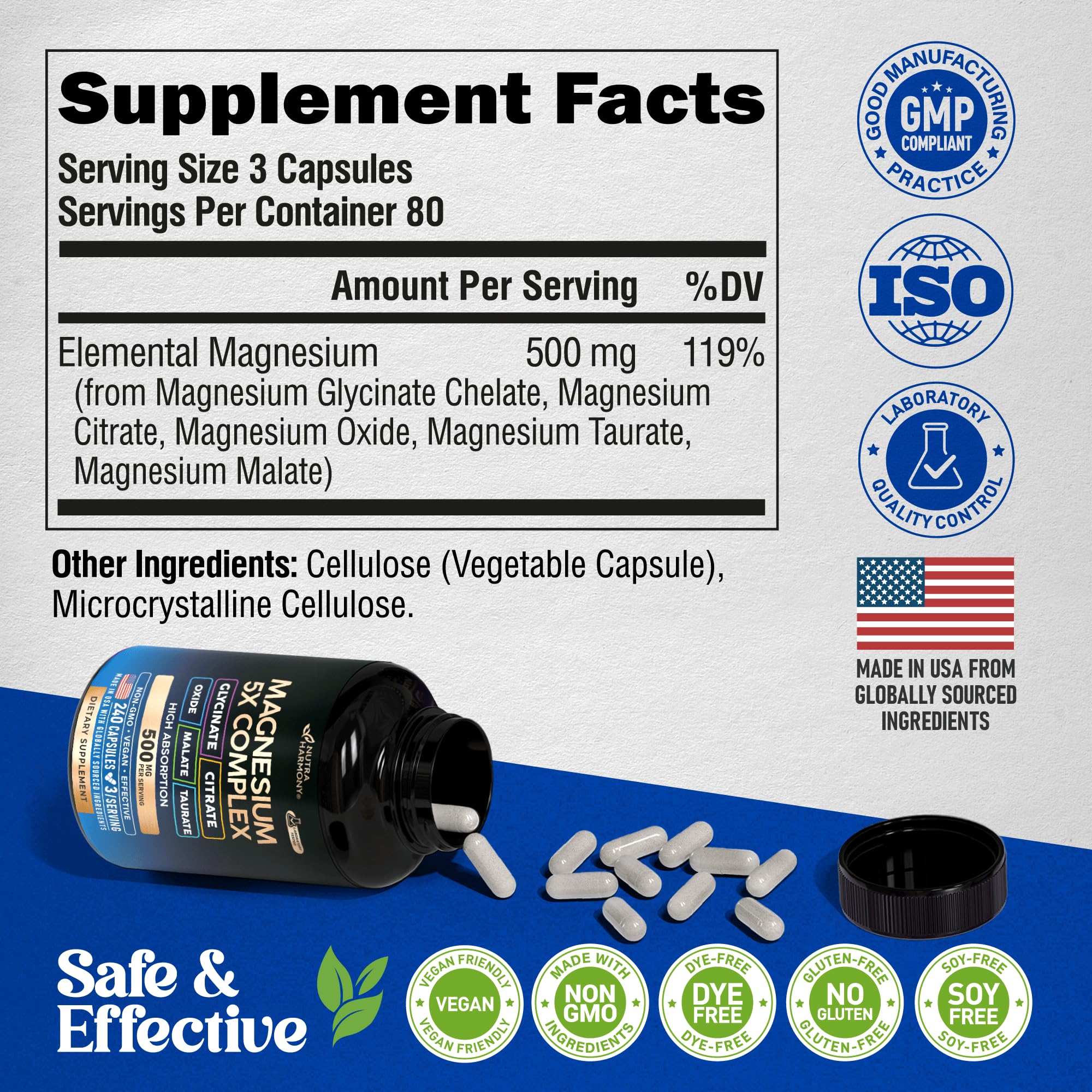 Magnesium Supplement - 5 in 1 Complex 500 mg | Glycinate | Citrate | Malate | Taurate | Oxide - Made in USA - Stress, Muscle & Heart Support - Vegan, Natural, Non-GMO - 240 Capsules