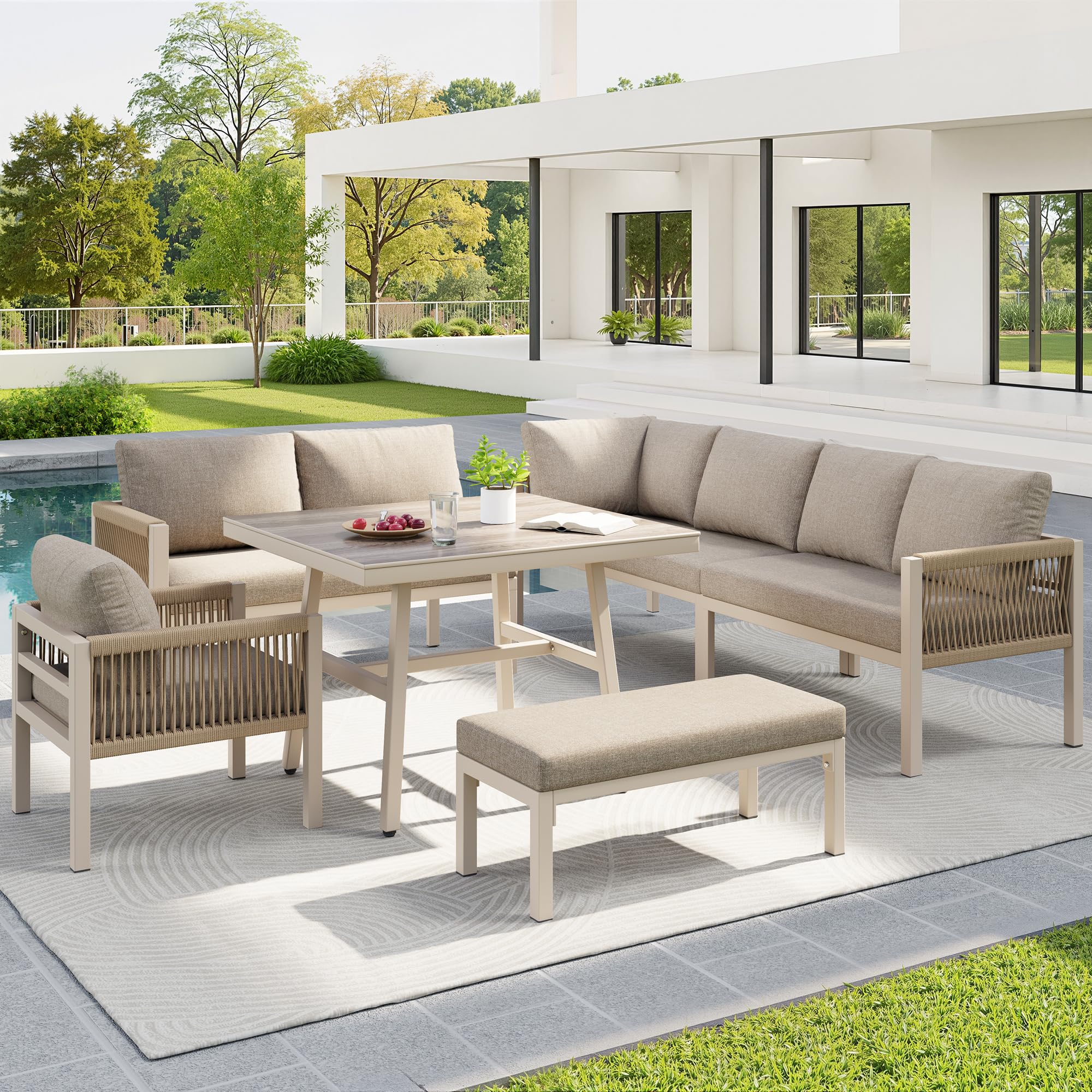 Merax Gartensofa-Set Für 7 Personen - Robustes Eisengestell, Beige Polster, Tisch Mit Holzoptik-Glasplatte, Wetterfeste Terrassenmöbel