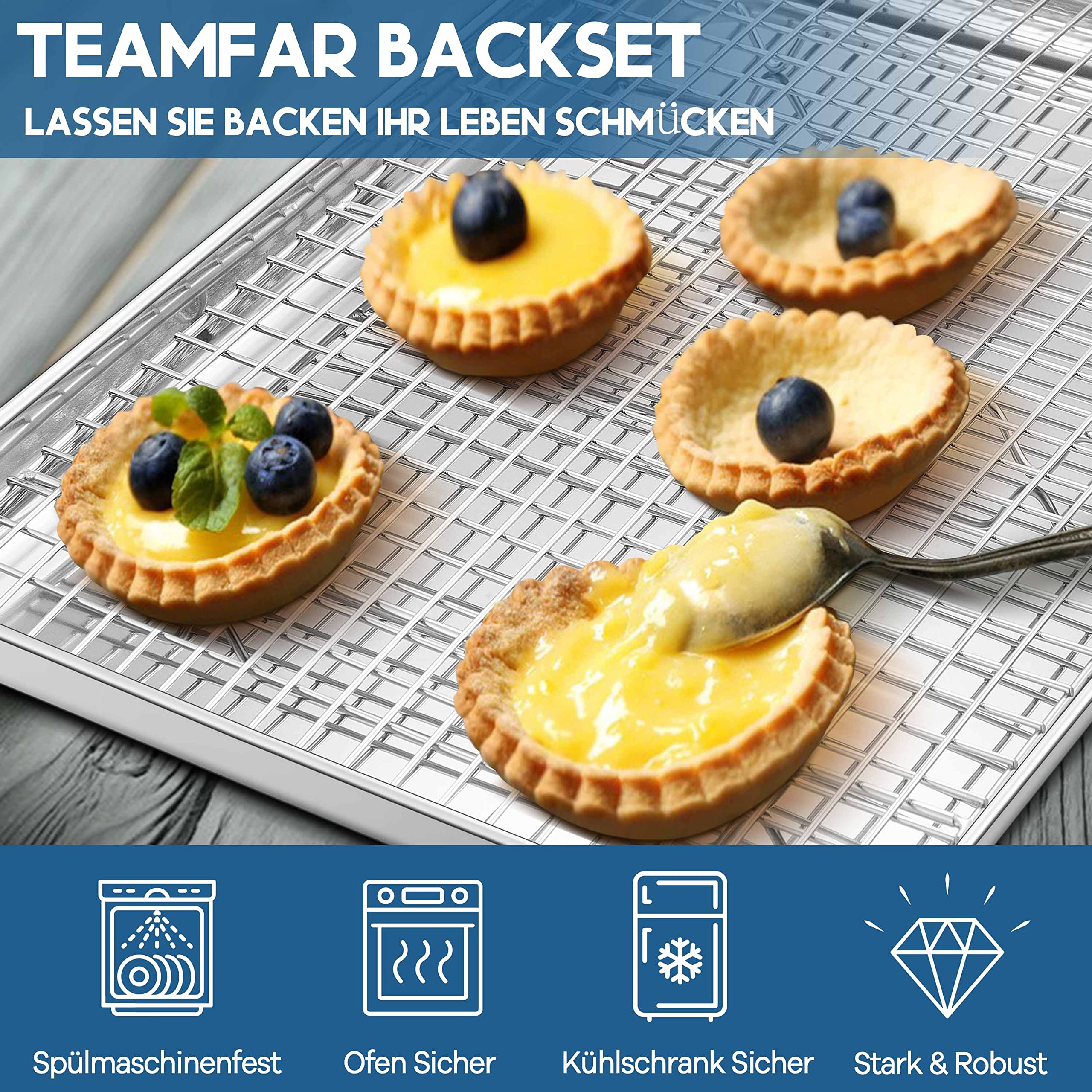 TEAMFAR Teglia da forno con griglia di raffreddamento, 40 x 30 x 2,5cm rettangolare teglia da forno, in acciaio inox con griglia di raffreddamento per cuocere, lavabile in lavastoviglie