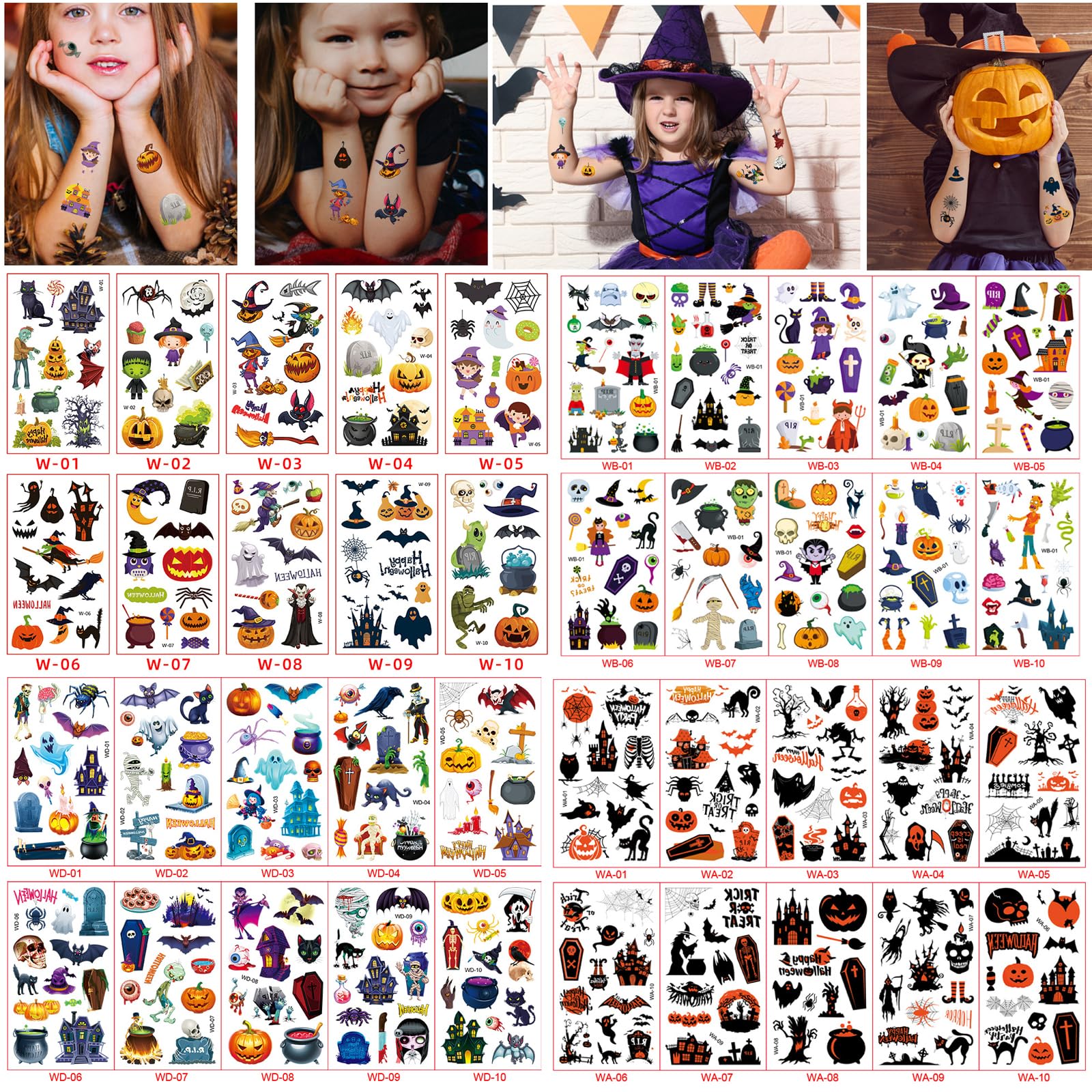 40 Sheets Halloween Temporary Tattoos for Kids, Waterproof Face Tattoos Fake Tattoo Stickers Assorted Pumpkin Skull Ghost Monster for Halloween Party Favors (Color-A)