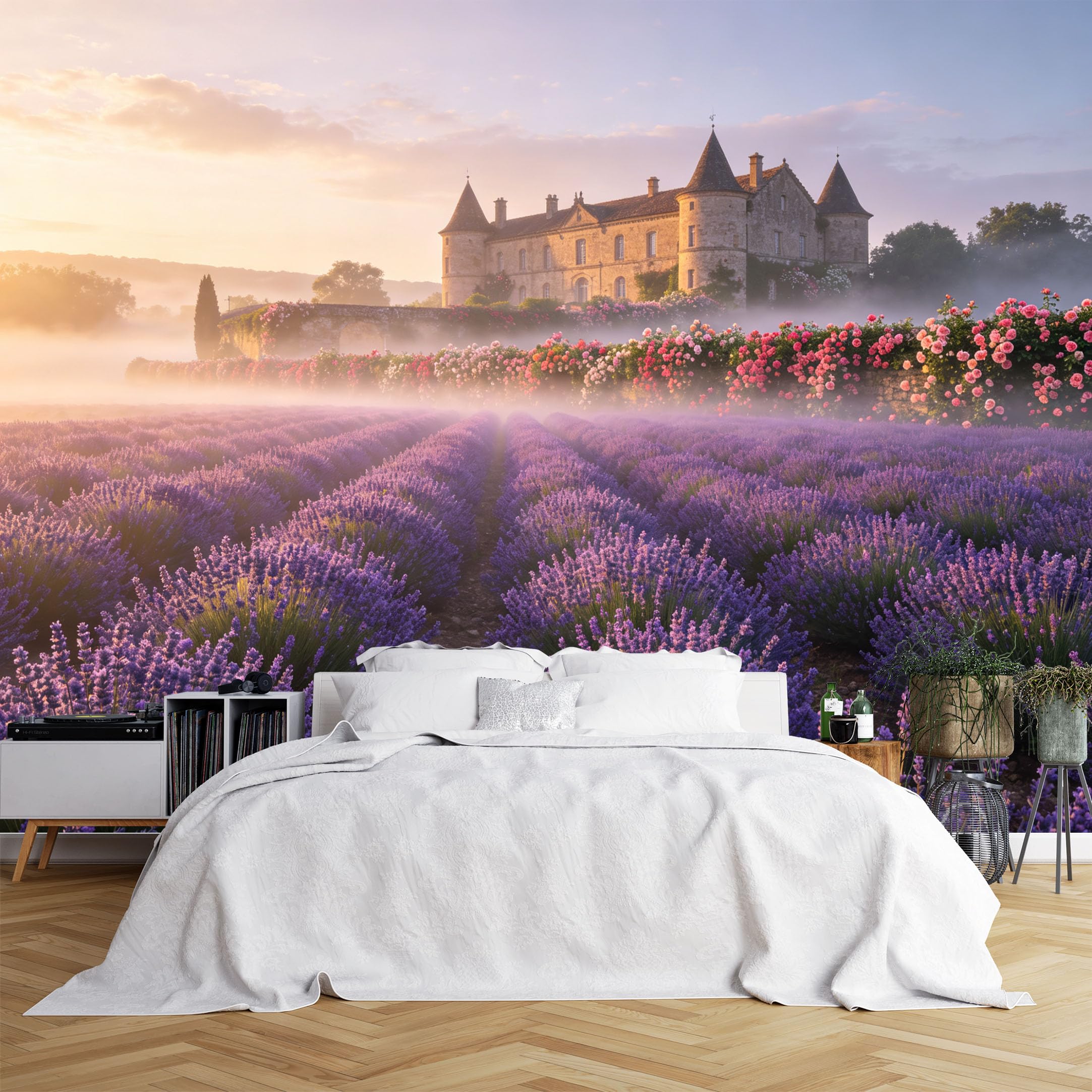 Lcythiazole Ch260615133 Custom Size Wall Murals Lavender Field Misty French Castle Scenery Wall Murals Vivid Landscape Wallpaper Home Decor Self-Adhesive Removable Wallpaper For Living Room