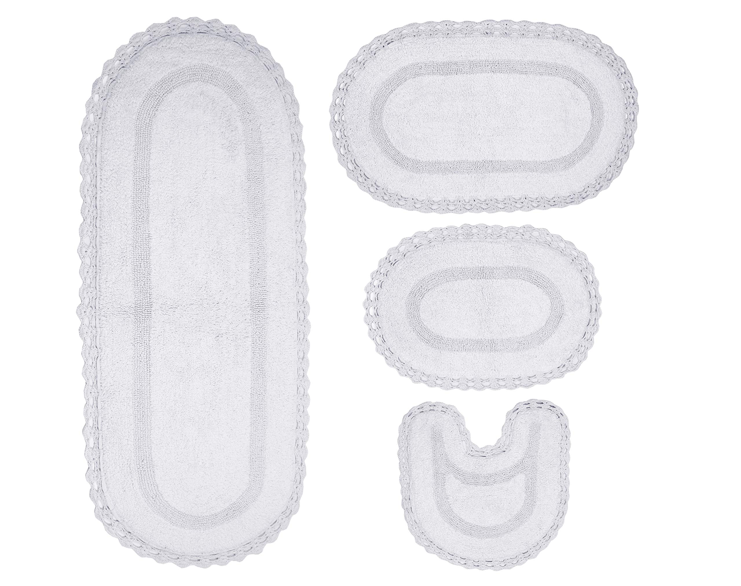 Home Weavers Hampton Crochet Reversible Bathmat 100% Cotton Bathroom Rugs Set, Washable Rug, Extra Soft and Absorbent bath Rug, Kitchen Mat, Bath Mat Set, Mat Non Slip, 4 Piece Set with Runner, White