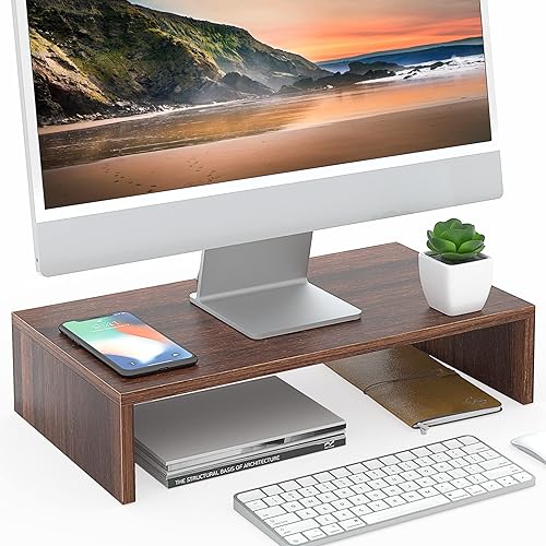 FITUEYES Soporte para monitor, elevador de monitor de computadora con estante de 16.7 pulgadas, soporte de escritorio de madera para pantalla de