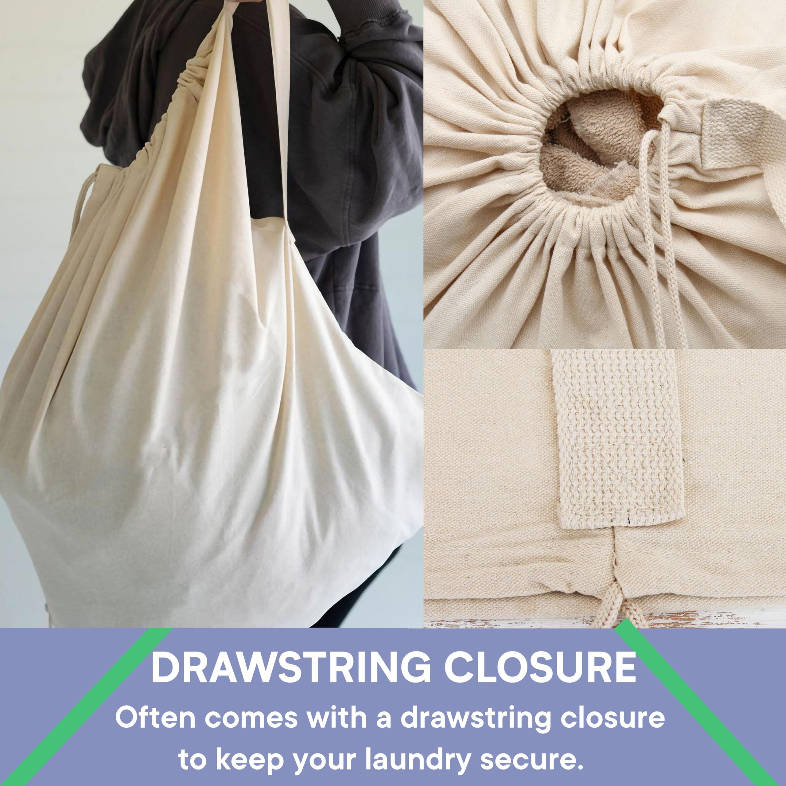 Borse per la biancheria, borsa portaoggetti, in tela di cotone resistente, con cinghia lunga con chiusura a coulisse, borsa da viaggio per vestiti sporchi, fodera per cesto e lavabile per dormitorio