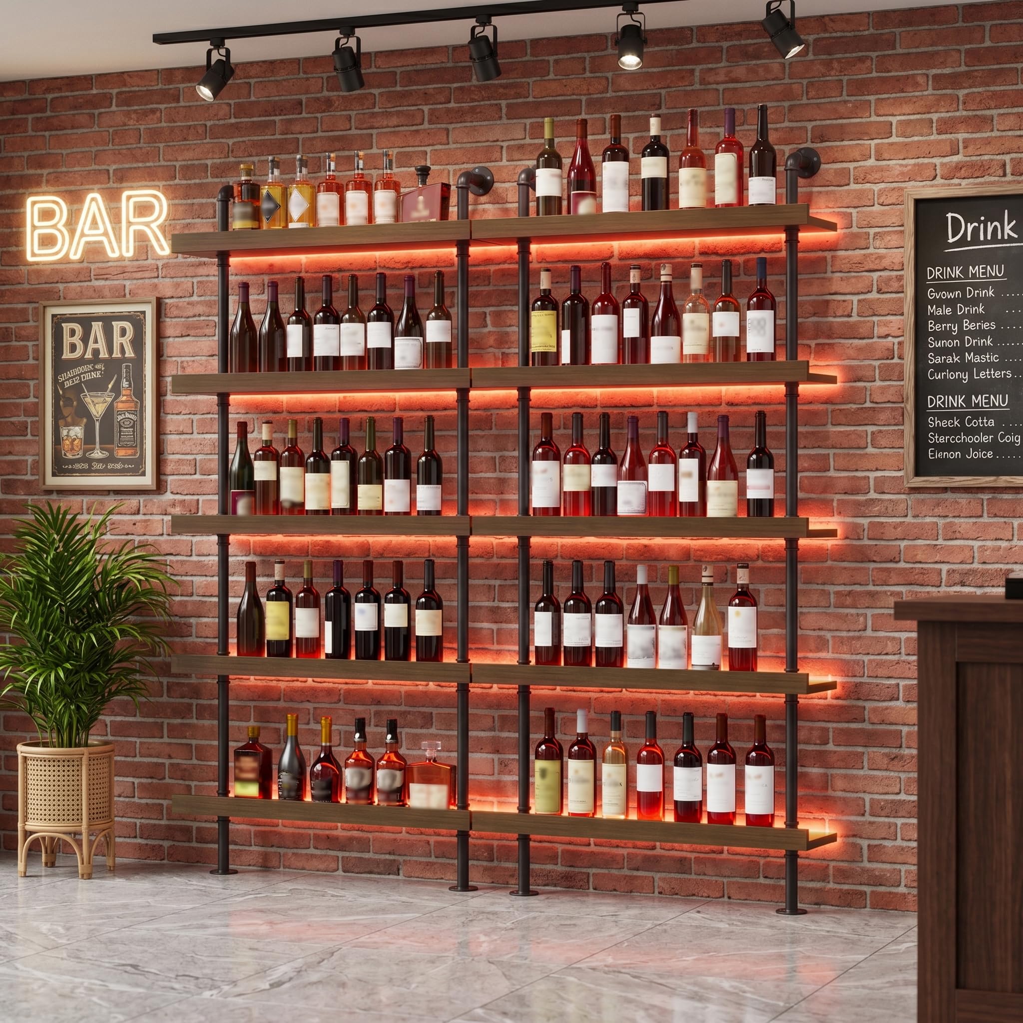 MSFE Portabottiglie da Parete con Luce LED 5 Livelli Portabottiglie in Metallo e Legno Massello Da Vino Industriale Portabottiglie con Ripiano Espositivo per Casa, Bar, Ristorante 20x100x180CM