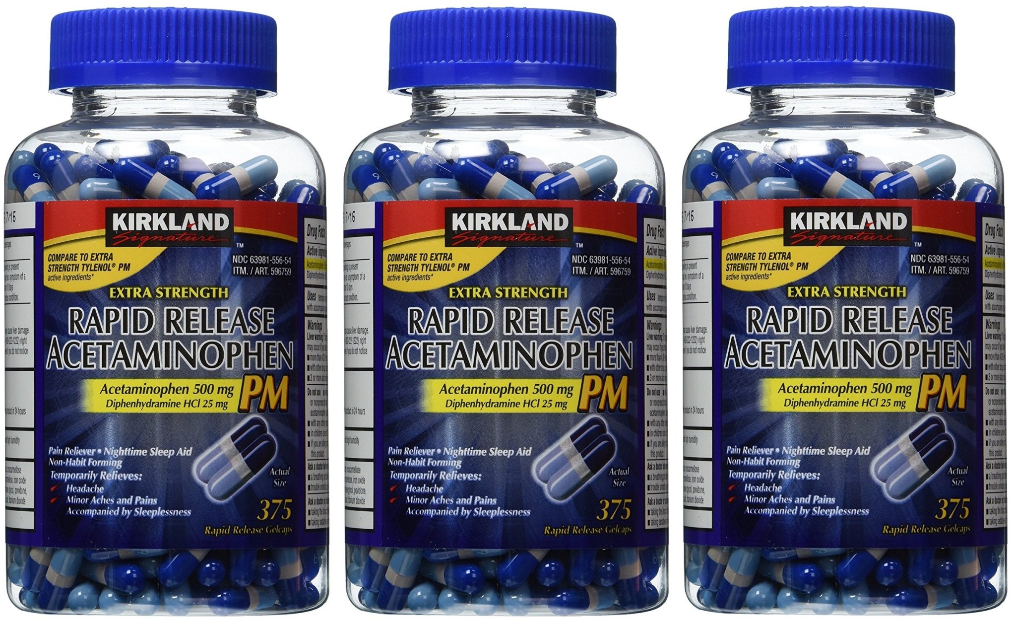 Kirkland Signature Extra Strength SQlRtn Rapid Release Acetaminophen PM 500mg, 3 Pack (375 Gelcaps)