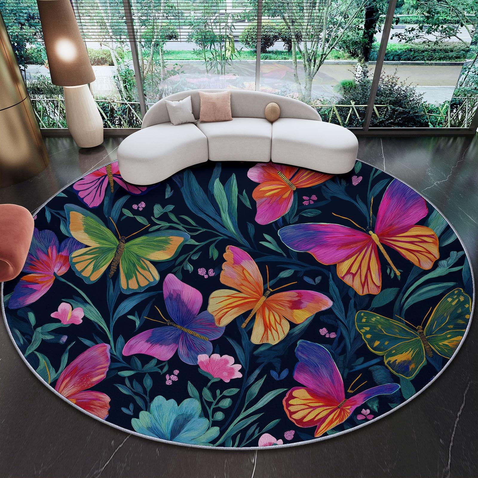 Genérico Alfombra Redonda para Comedor Botánicos Naturales Mariposas Motivo Alfombra Antideslizante Suave y esponjosa para Sala de Estar, Dormitorio, habitación Infantil, 180 cm, Vistoso
