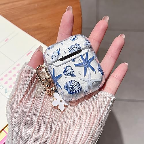 Miniatura 8 de MINSCOSE Funda transparente compatible con AirPods 1 y 2, bonito diseño de patrón de conchas y estrellas de mar con llavero, funda protectora de TPU