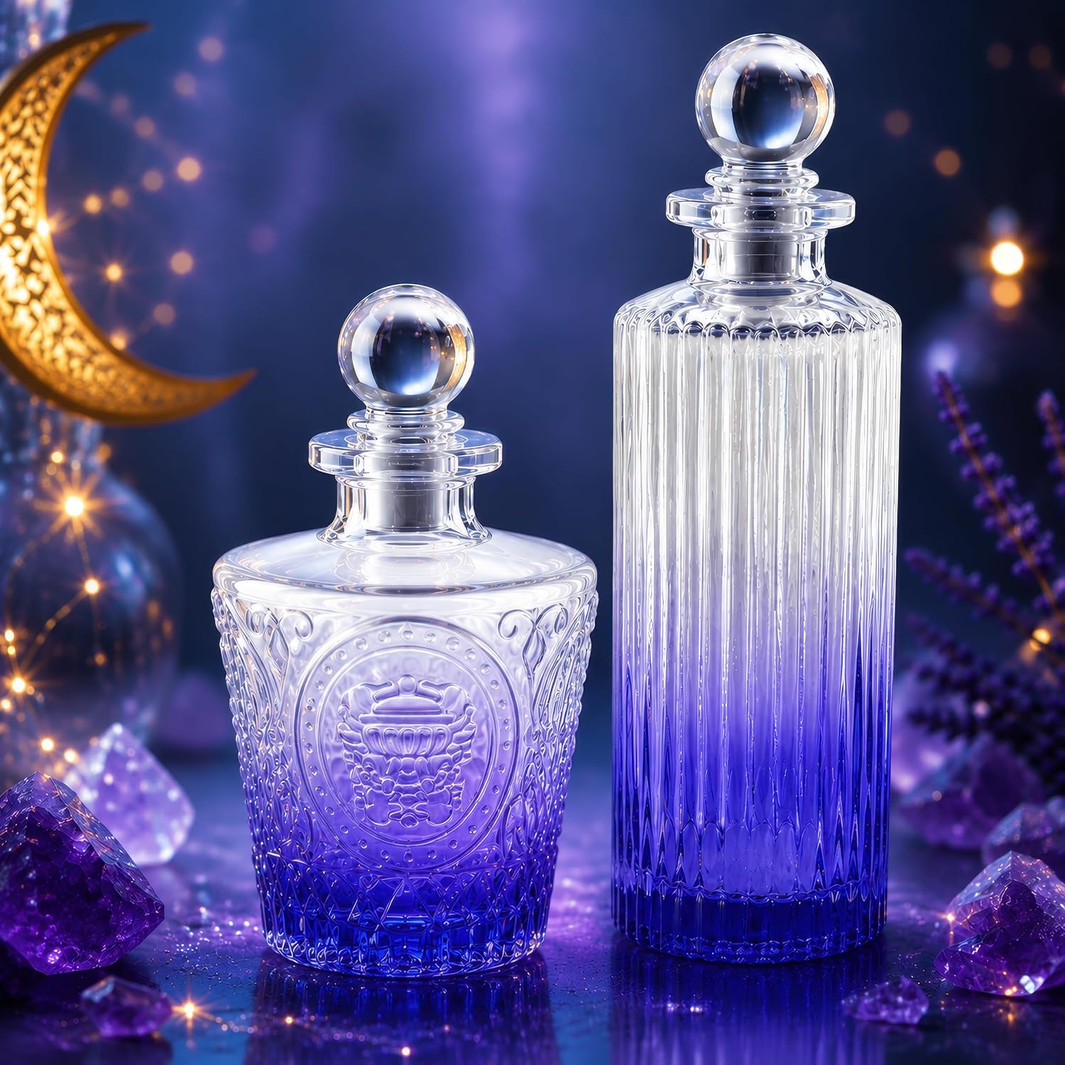 Moon Water Jar Set, 2 Pack Glass Bottles with Moon Charms Blue