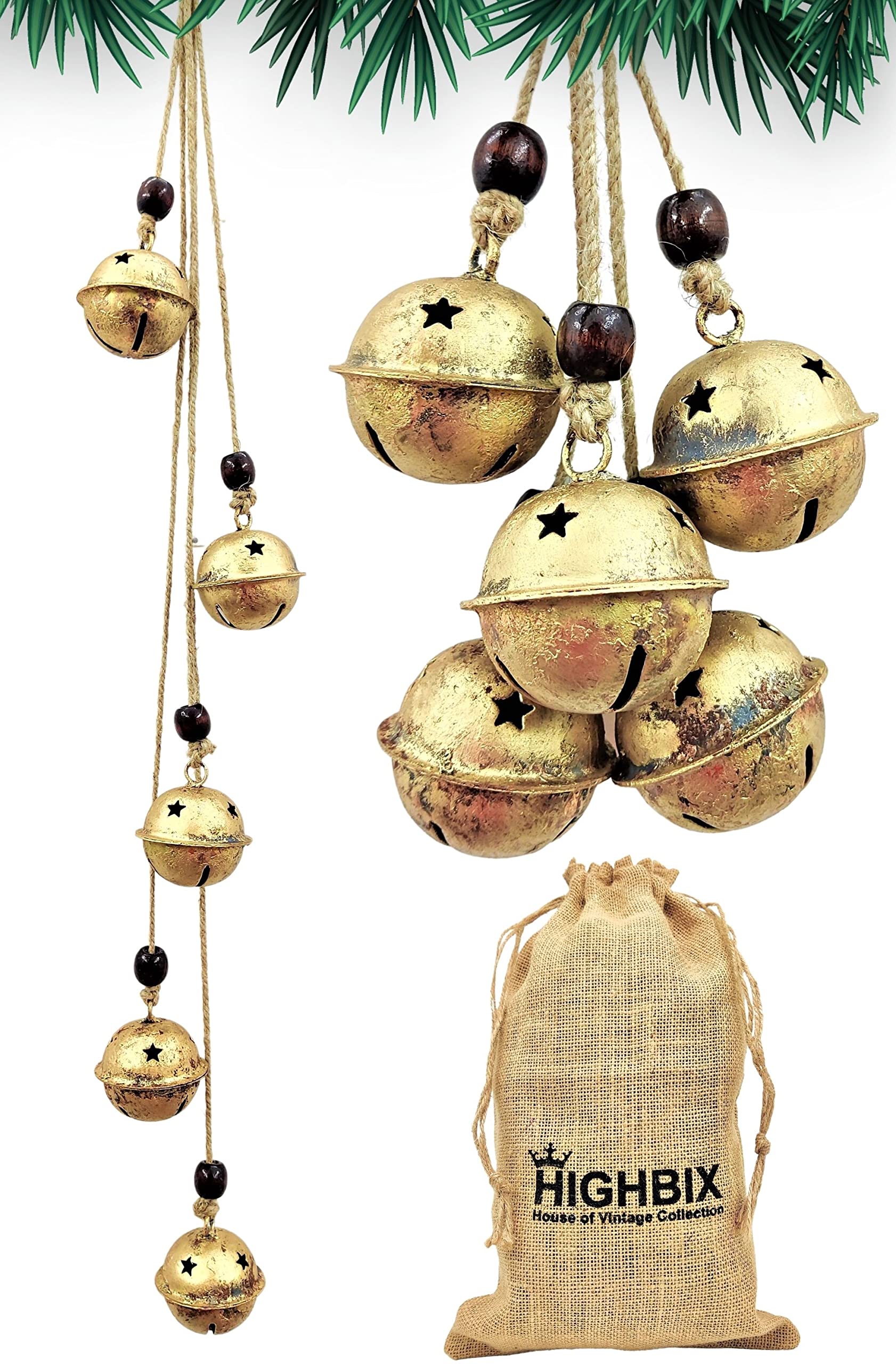 HIGHBIX Set of 5 Harmony Jingle Bells Vintage Handmade Rustic Lucky Christmas Hanging Décor Bells On Rope (Cluster Bell's)