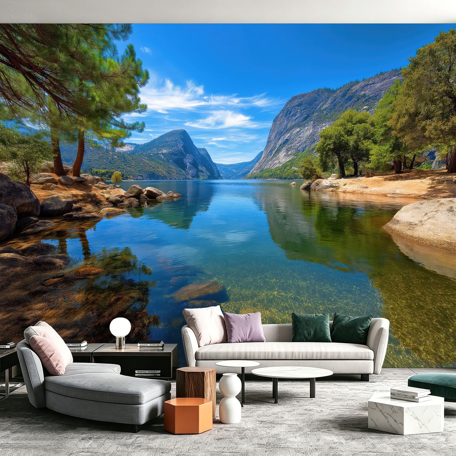 Papel pintado decorativo mural – Fotografía de naturaleza Eau de Lac Montañas – 400 x 280 cm grande – Mural Intejido – Póster mural Aesthetic Wall – Oficina Sala de Reuniones Sala