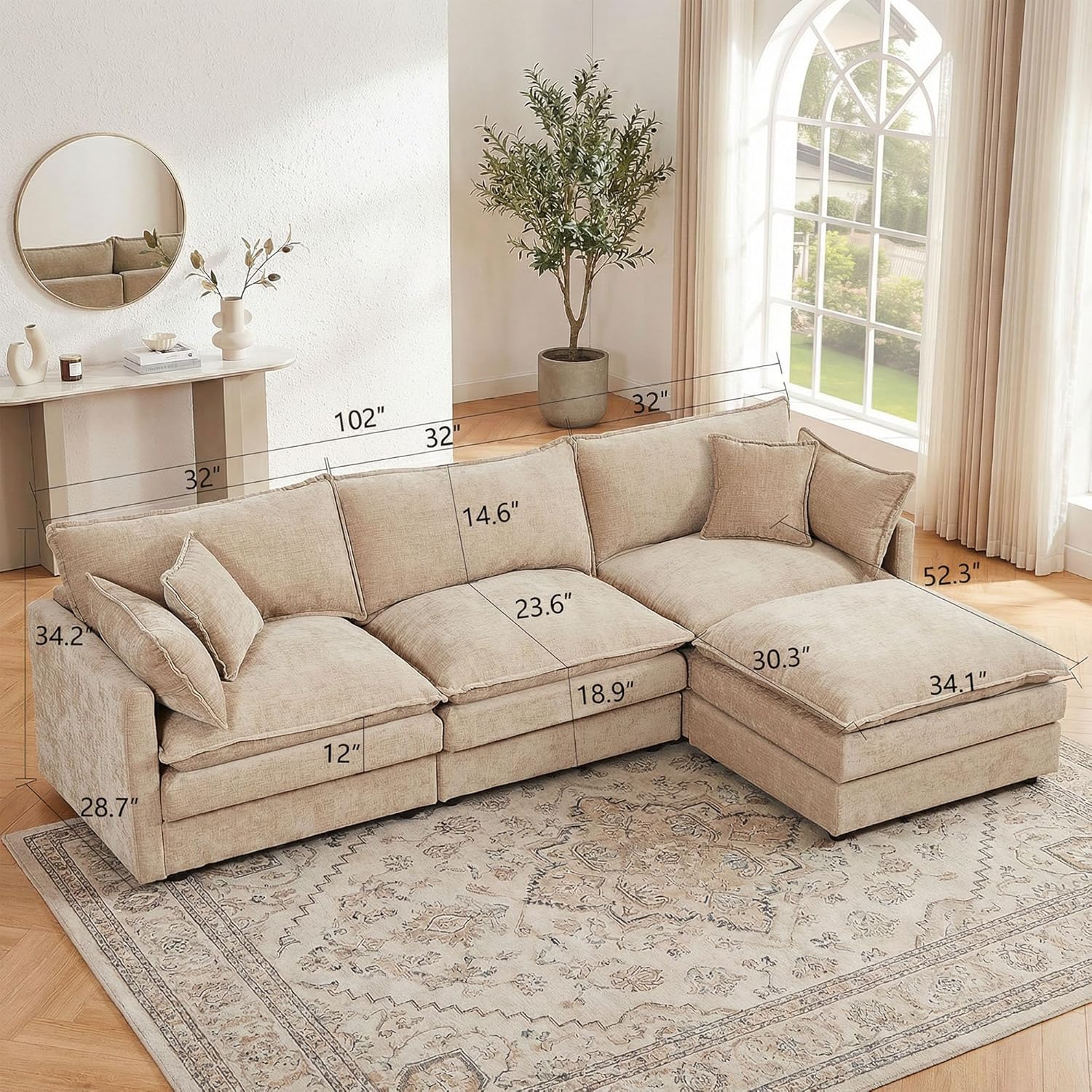 GRAVFORCE 102” L-Shaped Modular Sectional Sofa, 4-Piece Convertible Couch Set with Movable Ottoman, Comfy Cloud Living Room Furniture Sets, Soft Chenille, Deep Seat, for Apartment Office, Coffee