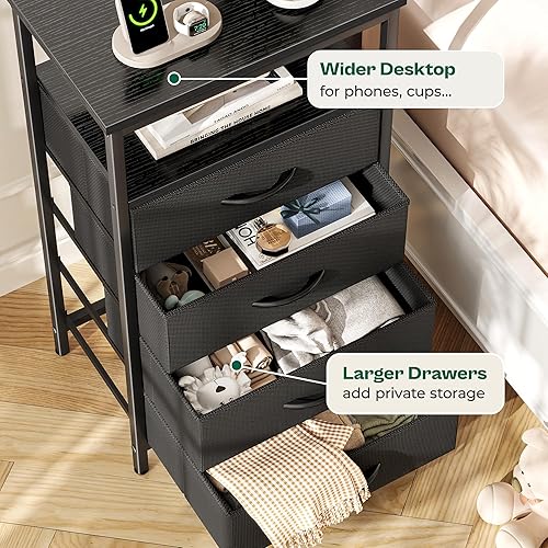 Miniatura 7 de Huuger Night Stand with Charger Station and LED Lights, 4 Drawer Nightstand, Bed Side Table with Open Shelf, End Table, Fabric Dresser for Bedroom