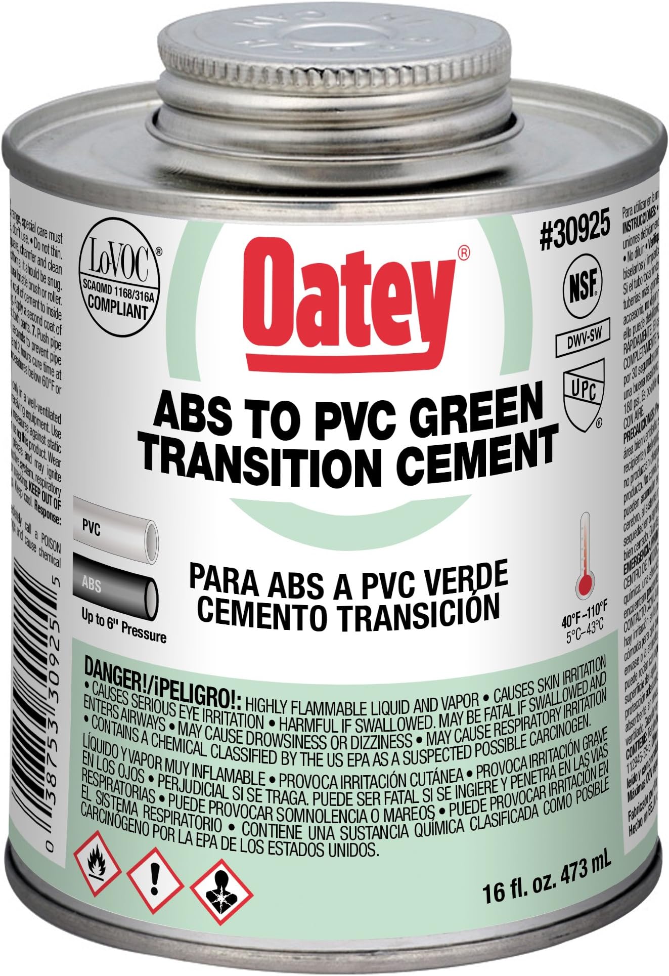 30925 Medium Bodied Transition Solvent Cement, 16 Oz, Can, Liquid, Green