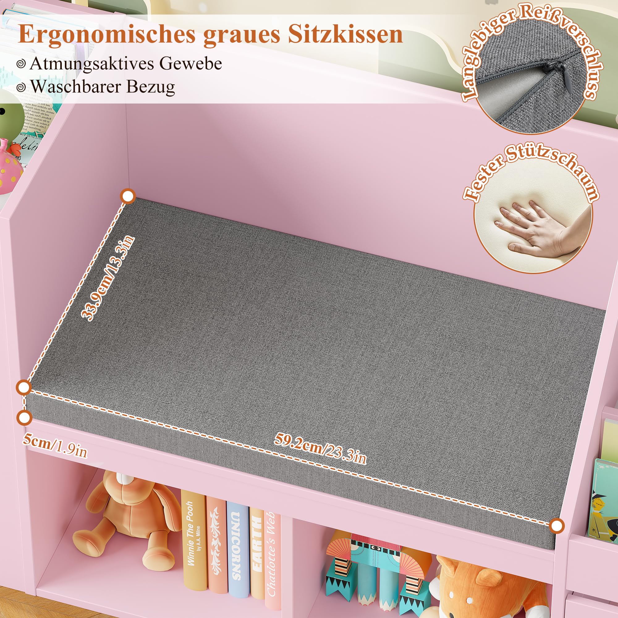 HOCSOK Regał dziecięcy, 125 cm, regał na książki dla dzieci, z ławką, płyta MDF