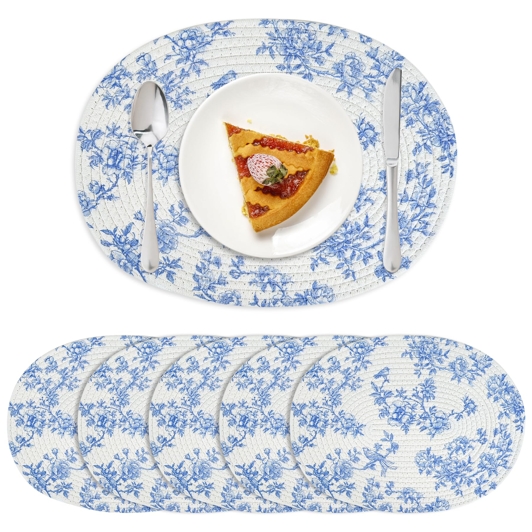 6 manteles individuales ovales tejidos,Patrón de porcelana azul y blanco de algodón cuerda de algodón manteles individuales,Accesorios lavables y hechos a mano para la mesa de comedor,manteles