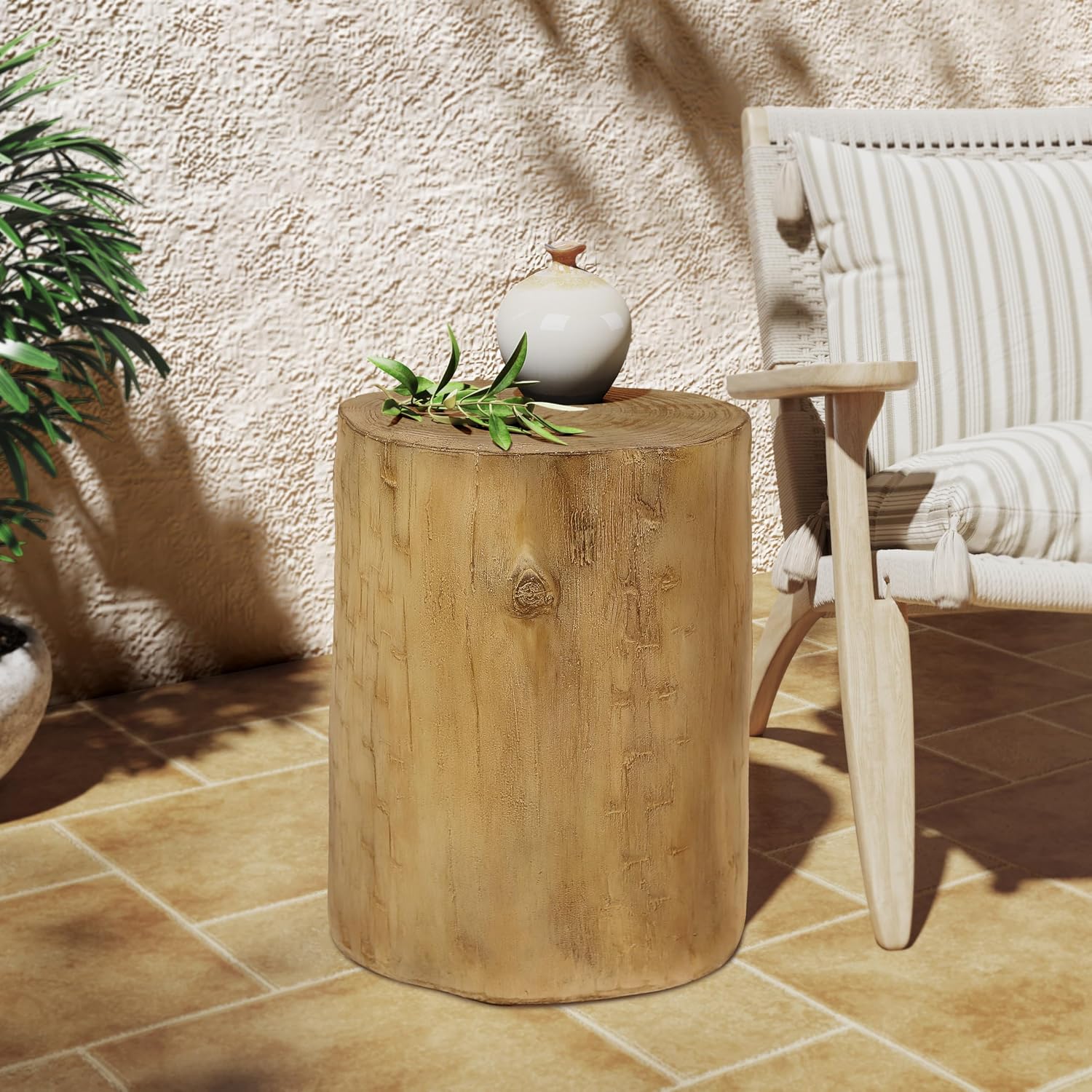 Christopher Knight Home Novi Outdoor Side Table, Cylindrical Decorative Accent Side End Table, Garden Stool for Patio Balcony Beach Pool, Lightweight Concrete, Wood-Like Texture, Antique Brown