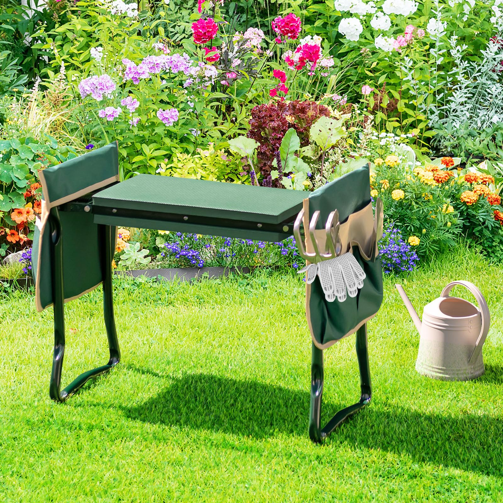 RELAX4LIFE Agenouilloir de Jardin, Tabouret de Jardinage Pliable avec 2 Sacs à Outils, Coussinet Epais en Eve Charge 150kg, Banc de Jardinage Polyvalent, 58x27,5x50cm(Tabouret Plus+| 2 Sac, Vert)