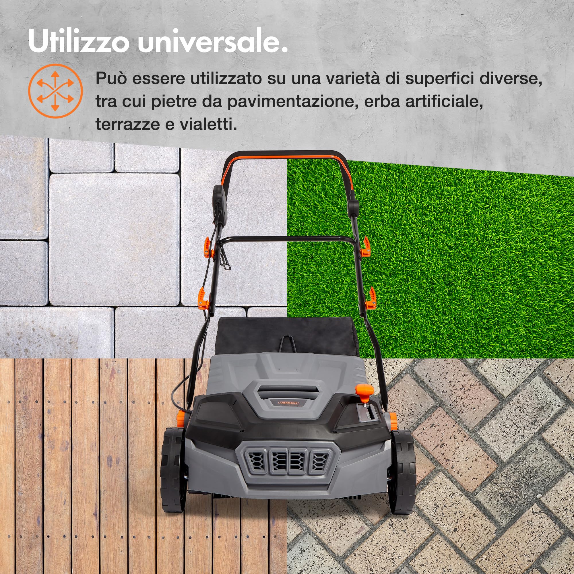 VonHaus Spazzolatrice per Erba Sintetica Elettrica, Spazzatrice Prato Sintetico, con Sacca di Raccolta, 5 Altezze Regolabili, Larghezza di Lavoro 330-380mm, Manico Pieghevole (Servizio Pesante)