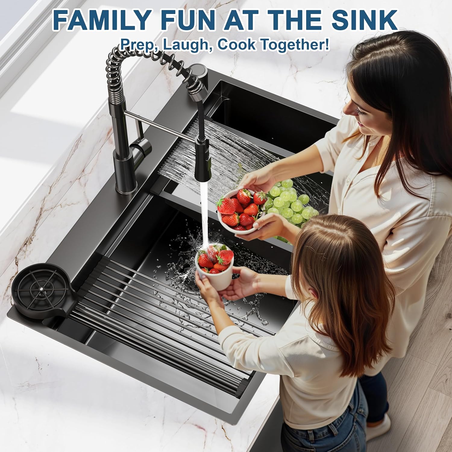 33 Inch Gunmetal Black Waterfall Kitchen Sink with Pull Out Faucet Combo, CELAENO Smart Black Drop-in Kitchen Sink, Single Bowl Modern Waterfall Stainless Steel Workstation with Various Accessories