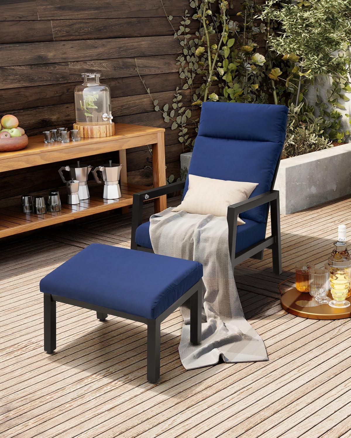 Pellebant Reclining Patio Chair with Ottoman, Patio Reclining Chair with Cushion, Outdoor Conversation Set, All Weather Furniture for Patio, Lawn, Garden, Yard, Balcony, Poolside, Navy