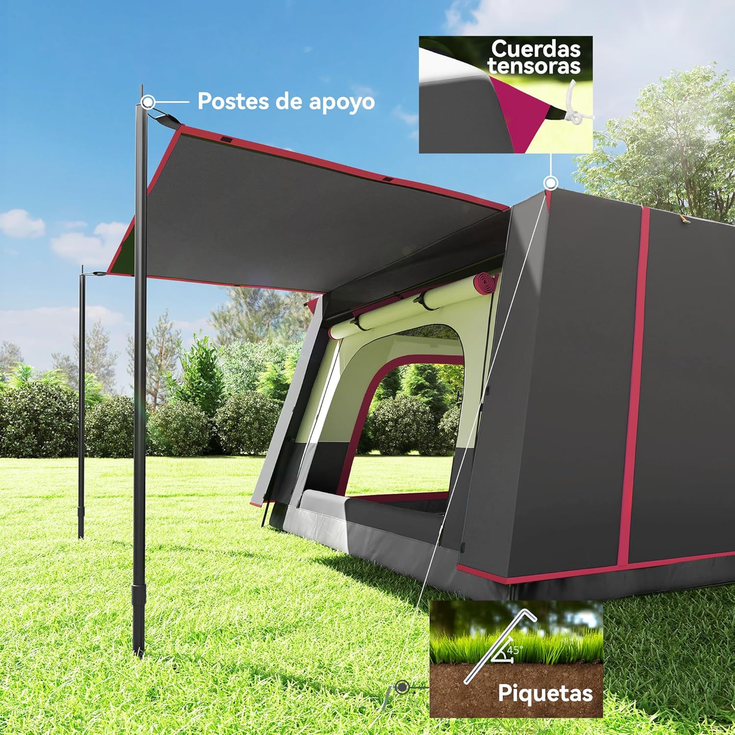 Diagram showing the dimensions of the Outsunny family tunnel tent, including height, length, and width.
