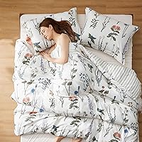 Vista 3 de Bedsure Juego de edredón tamaño King – Bonito juego de edredón floral, 3 piezas, 1 edredón reversible suave de flores botánicas blancas de coco