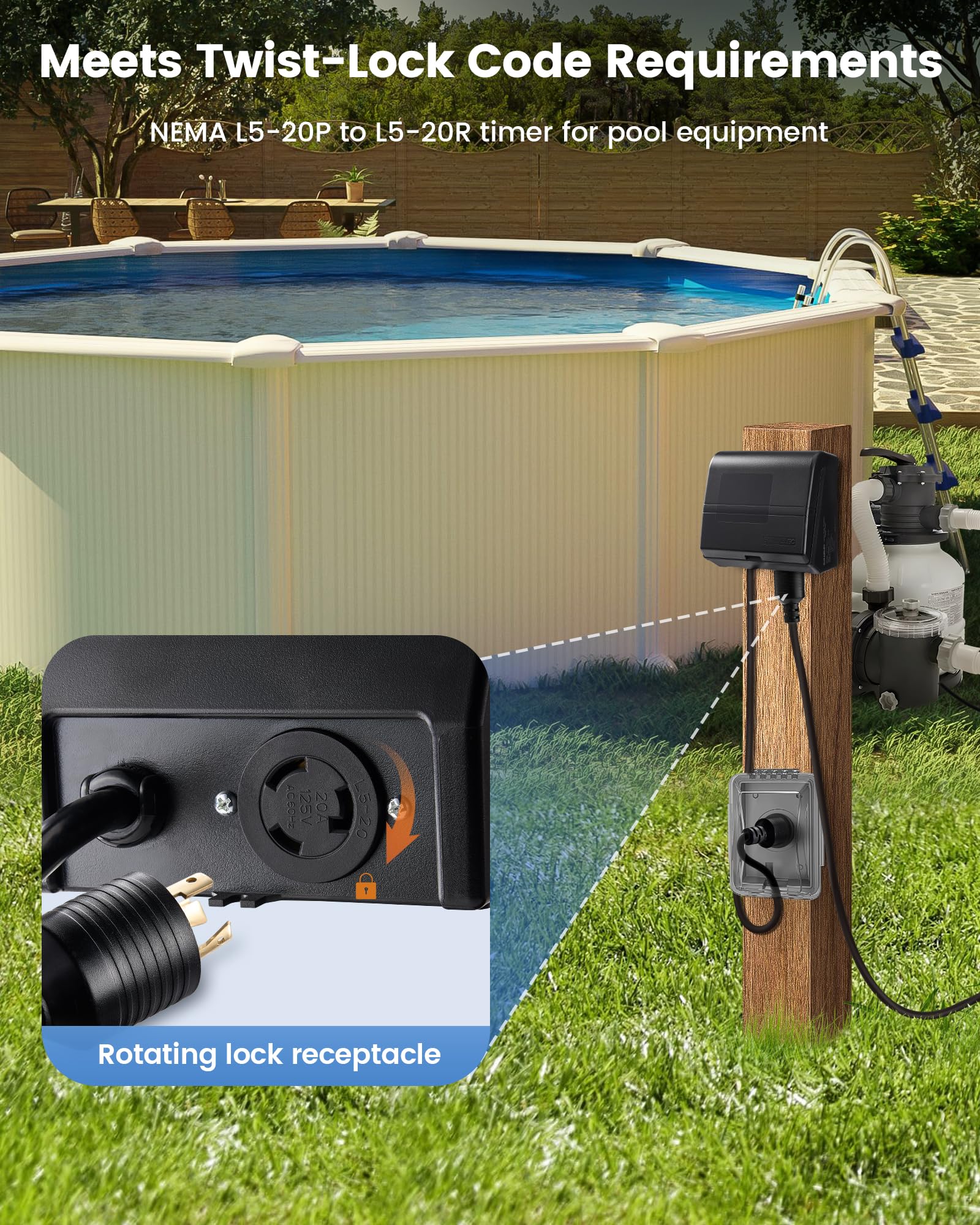 SURAIELEC Digitaler Pool-Timer für Aufstellpool, NEMA L5-20R Twist-Lock