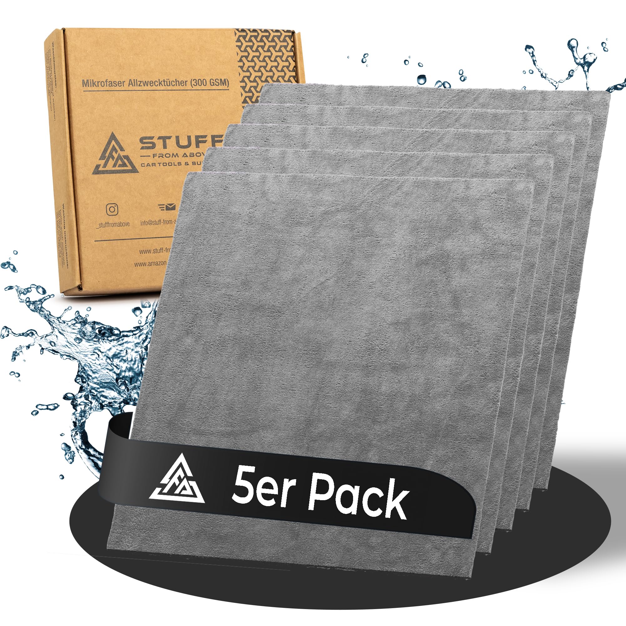 stuff from above® 5 Stück Premium Mikrofasertücher für Auto 300GSM (ohne Rand) 100% Fusselfrei, saugstark, weich - Mikrofasertuch für Autolack & Cockpit zum Polieren, Trocknen & Reinigen 40x40cm grau
